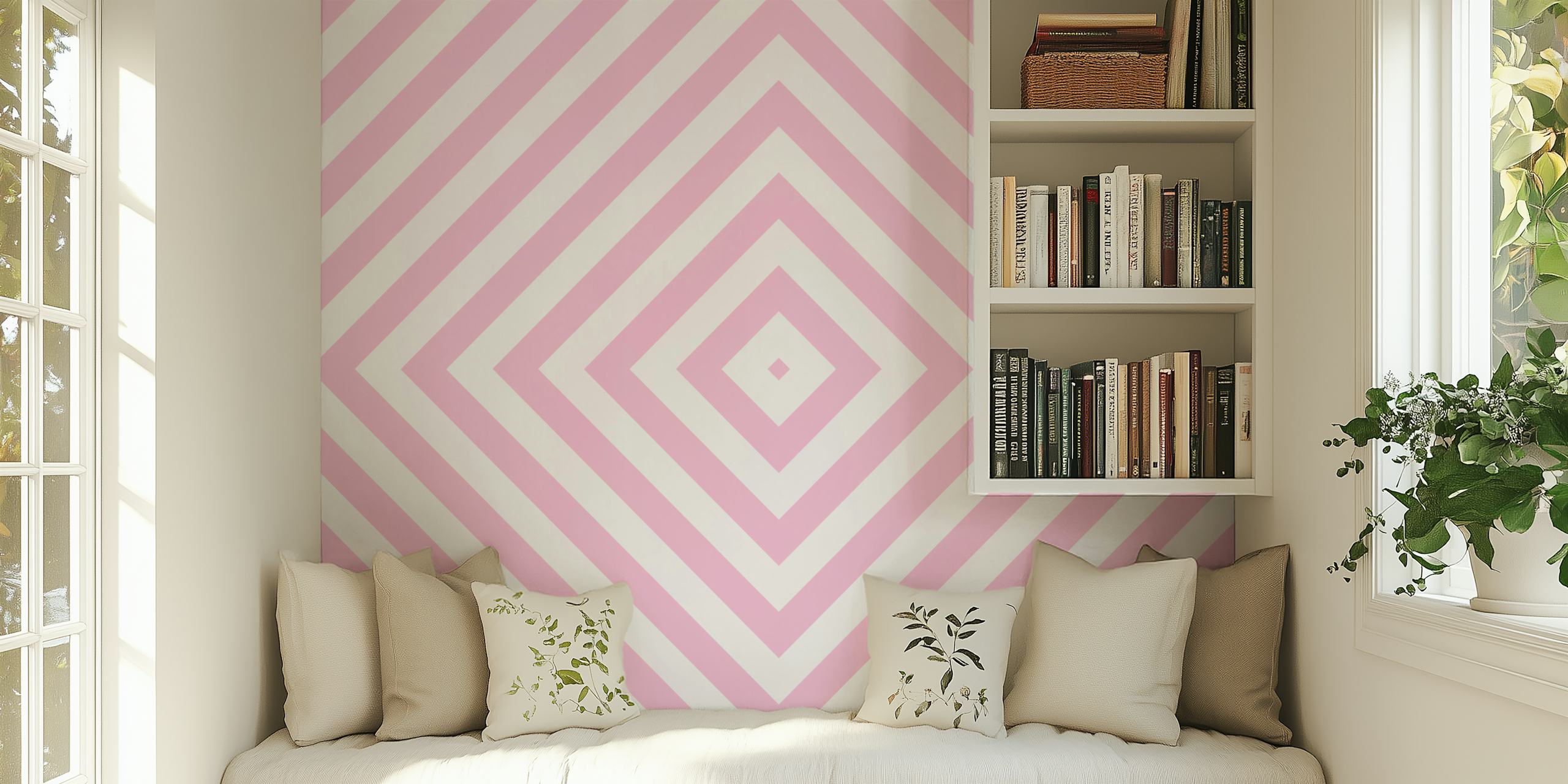 Pink and white geometric diamond pattern wallpaper