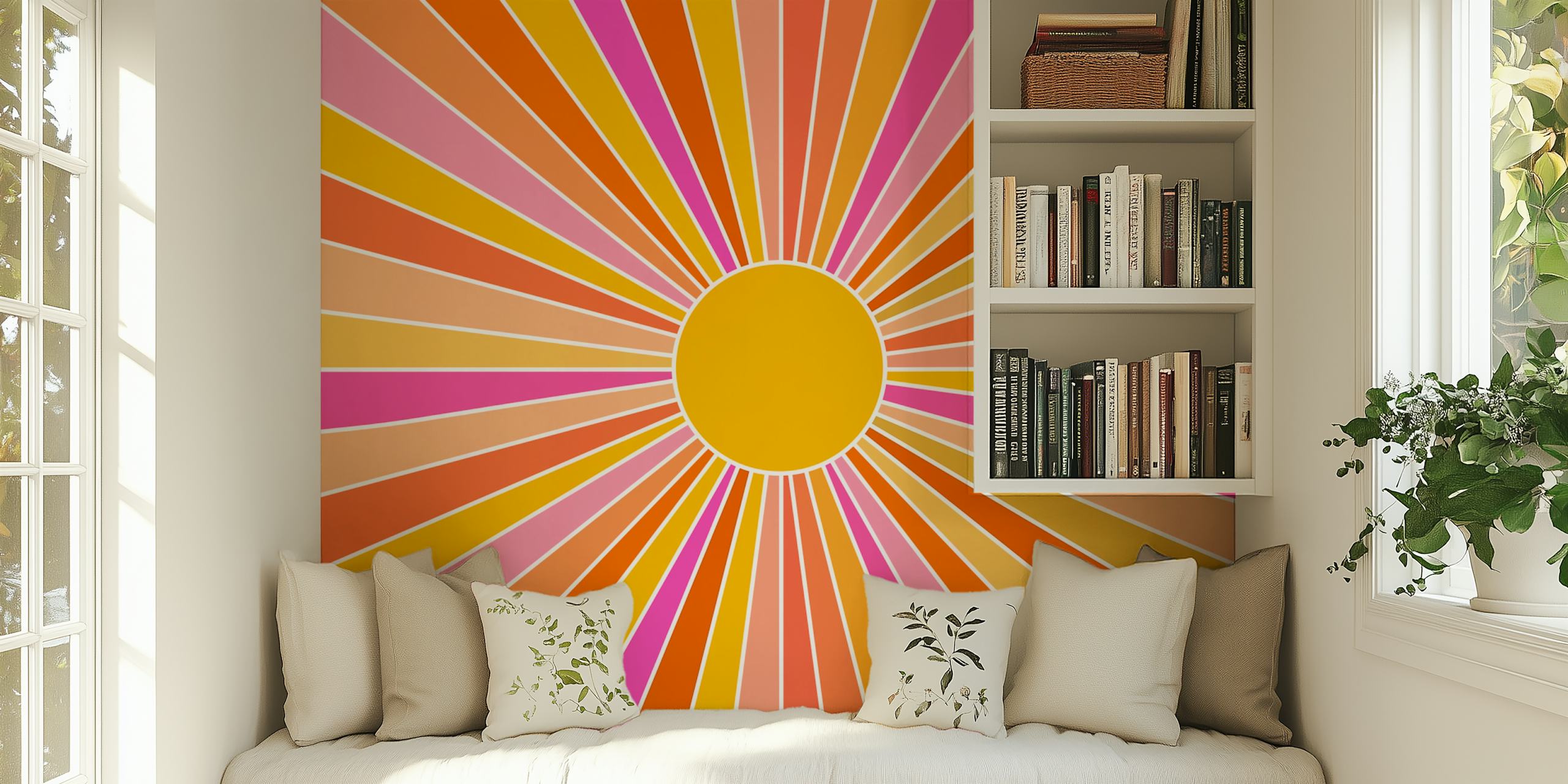 Vintage sunburst pattern in orange, pink, and yellow wallpaper