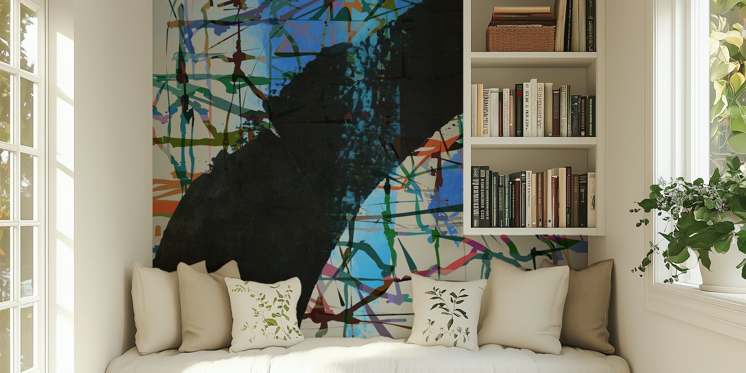 Colorful abstract brush strokes in blue and black wallpaper
