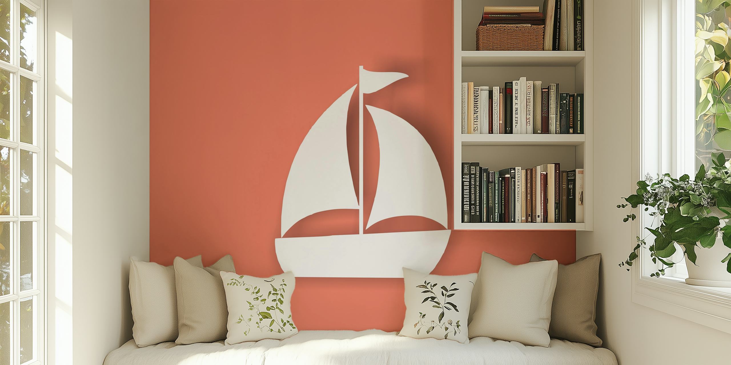 White sailing boat on coral background wallpaper