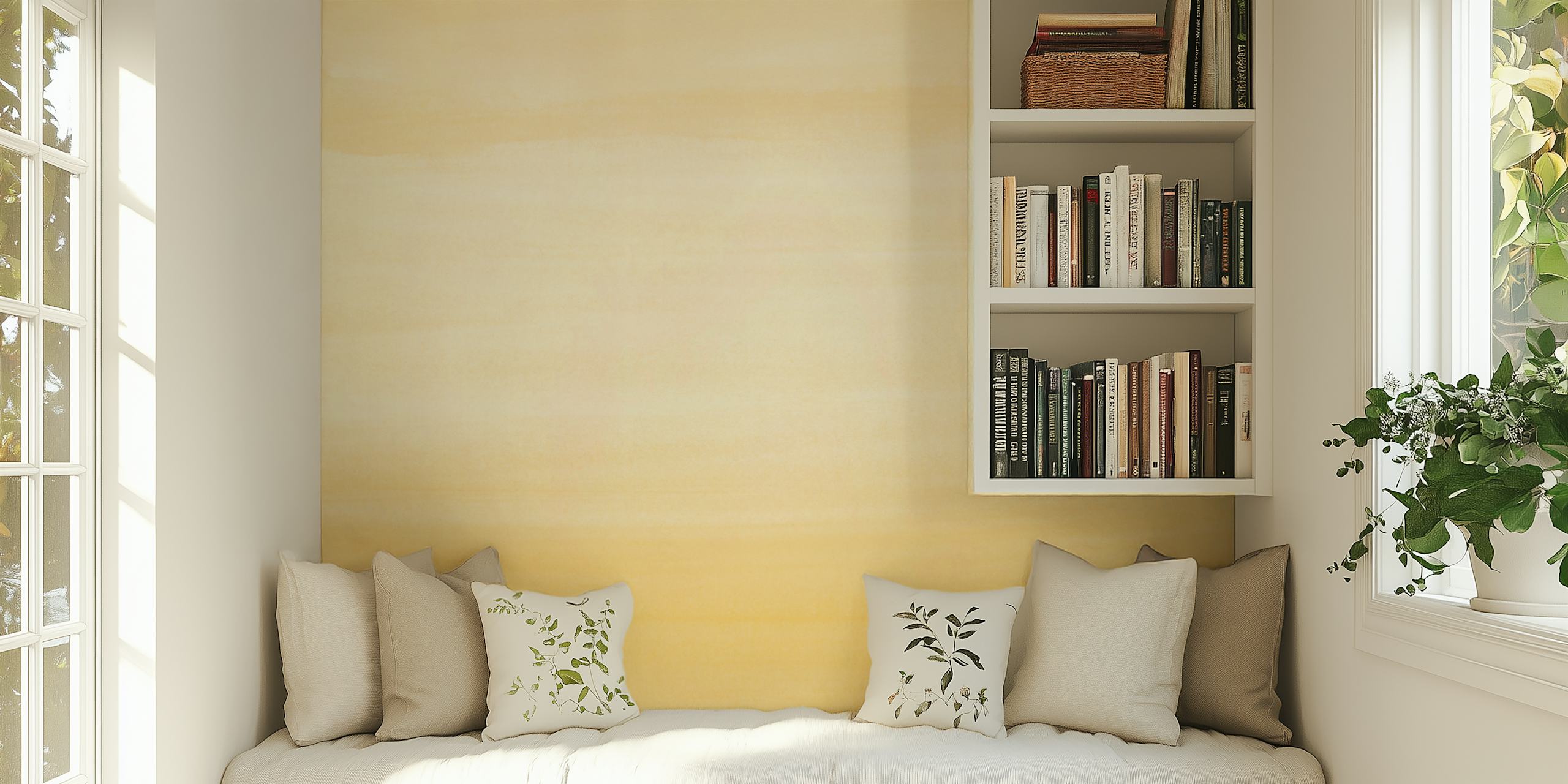 Mural de parede abstrato aquarela amarelo 1 com pinceladas suaves e fluidas em tons tranquilos de amarelo e creme.