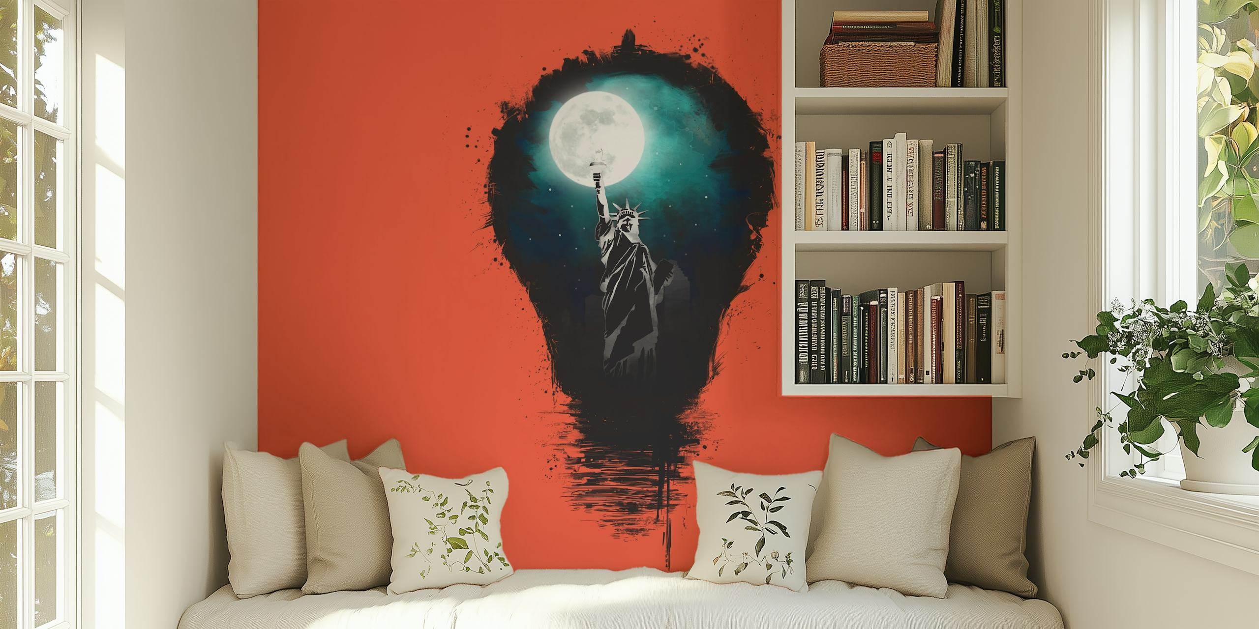 Statue of Liberty silhouette against a bright orange background with a large moon above. Wallpaper