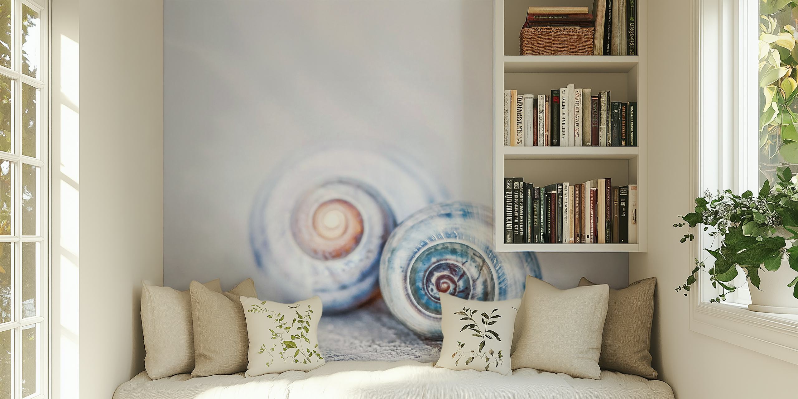 Two spiral seashells in blue tones with soft background wallpaper