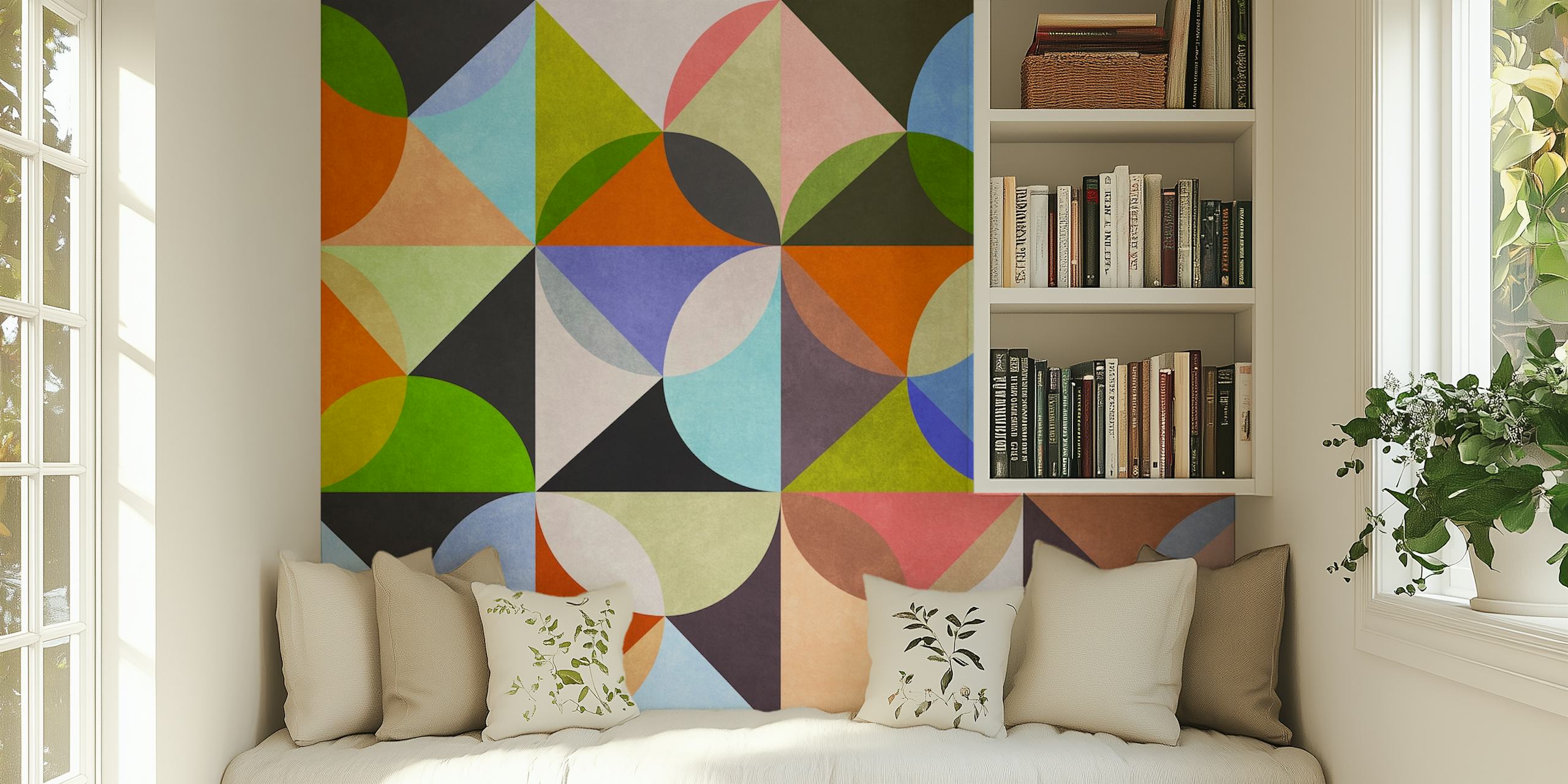 Colorful geometric shapes in warm and cool tones wallpaper