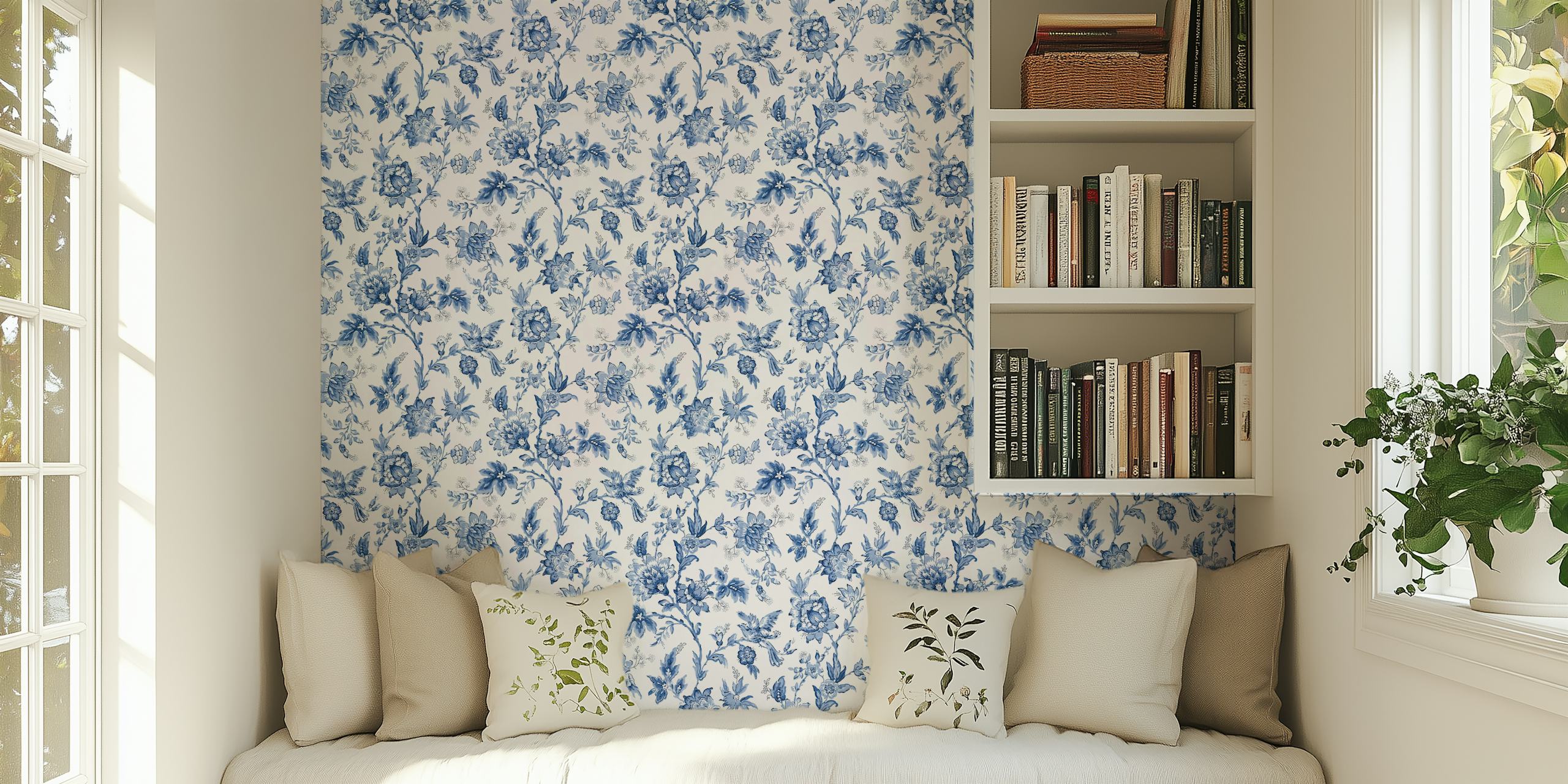Elegant vintage blue and white floral wallpaper mural