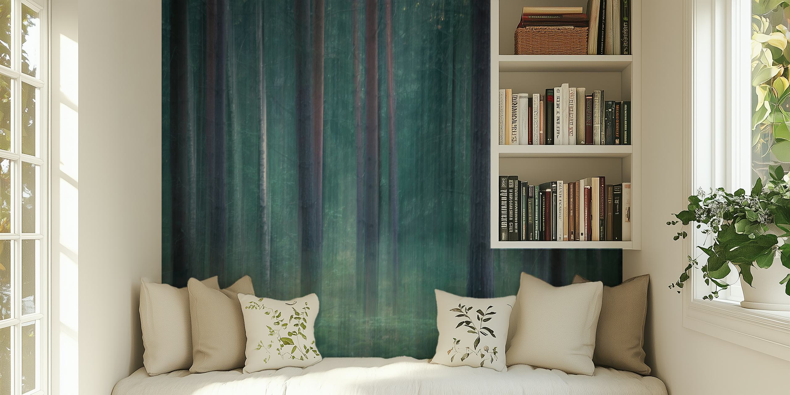 Misty forest scene with tall trees and green hues wallpaper