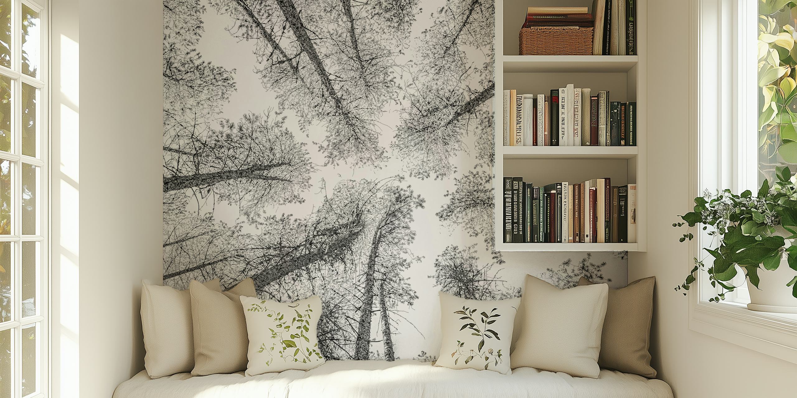 Upward view of a forest canopy wall mural in an etching style.