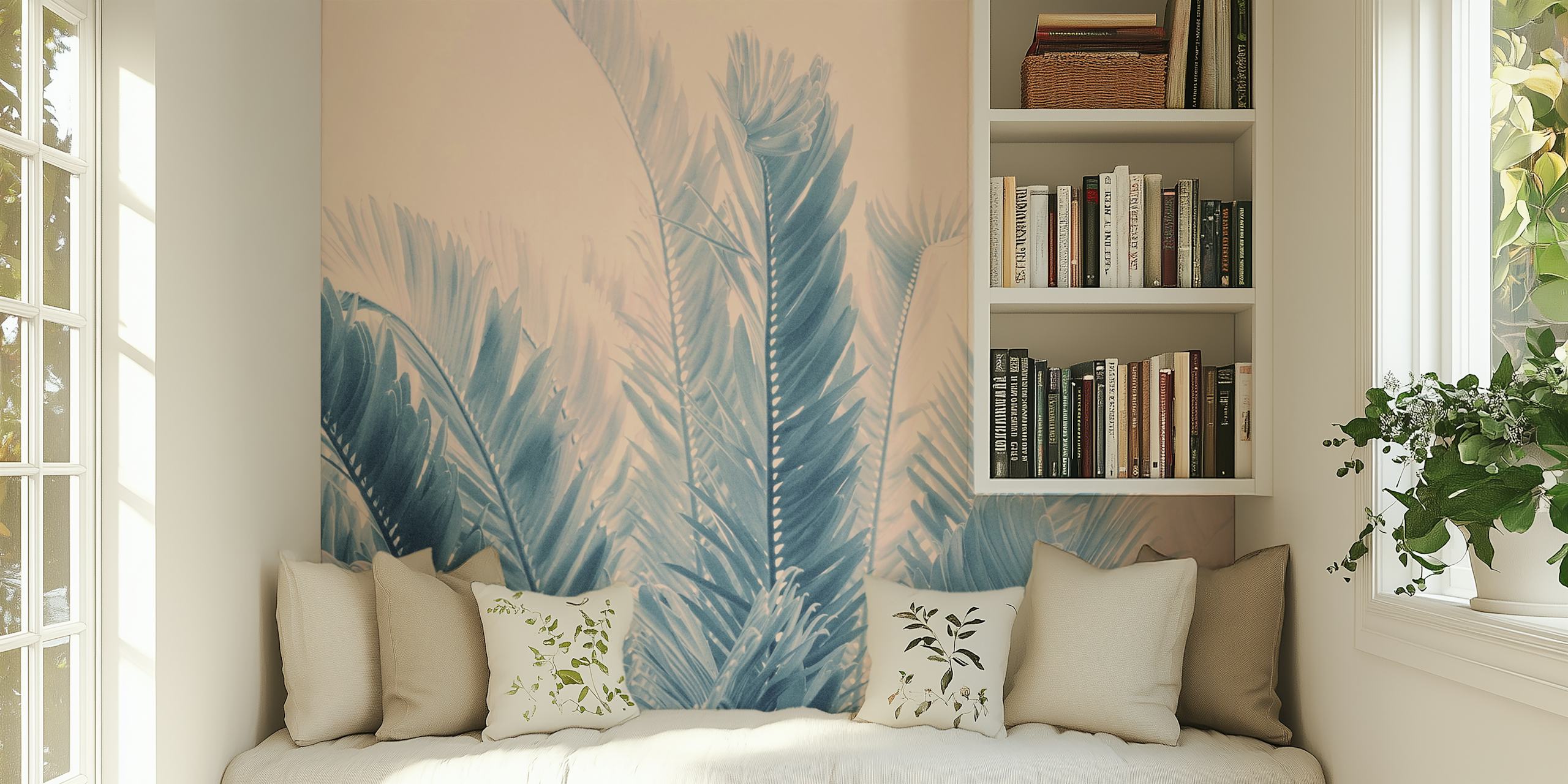 Tropical leaves wallpaper in soft blue tones