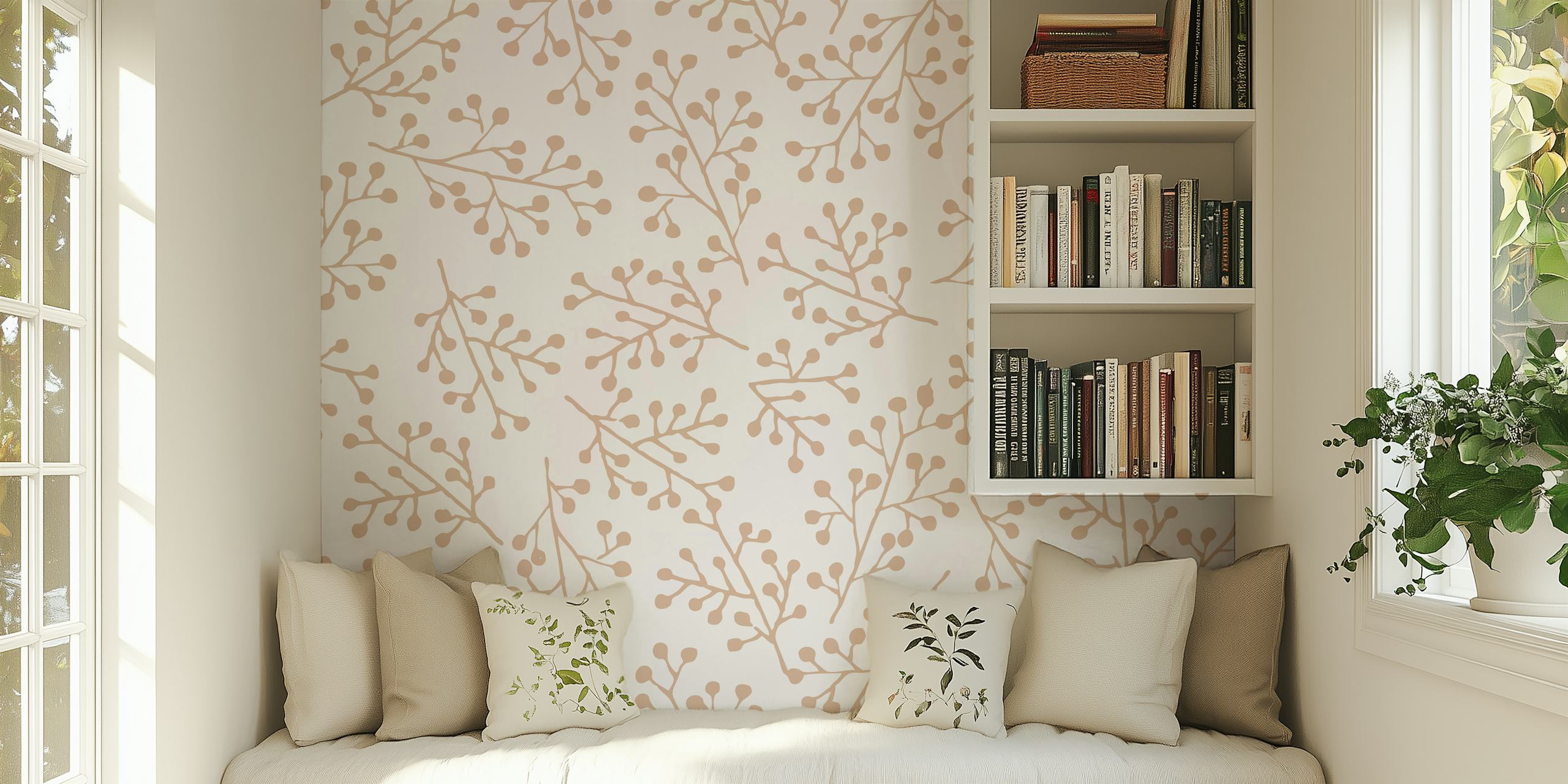 Neutral floral pattern with beige branches on white wallpaper