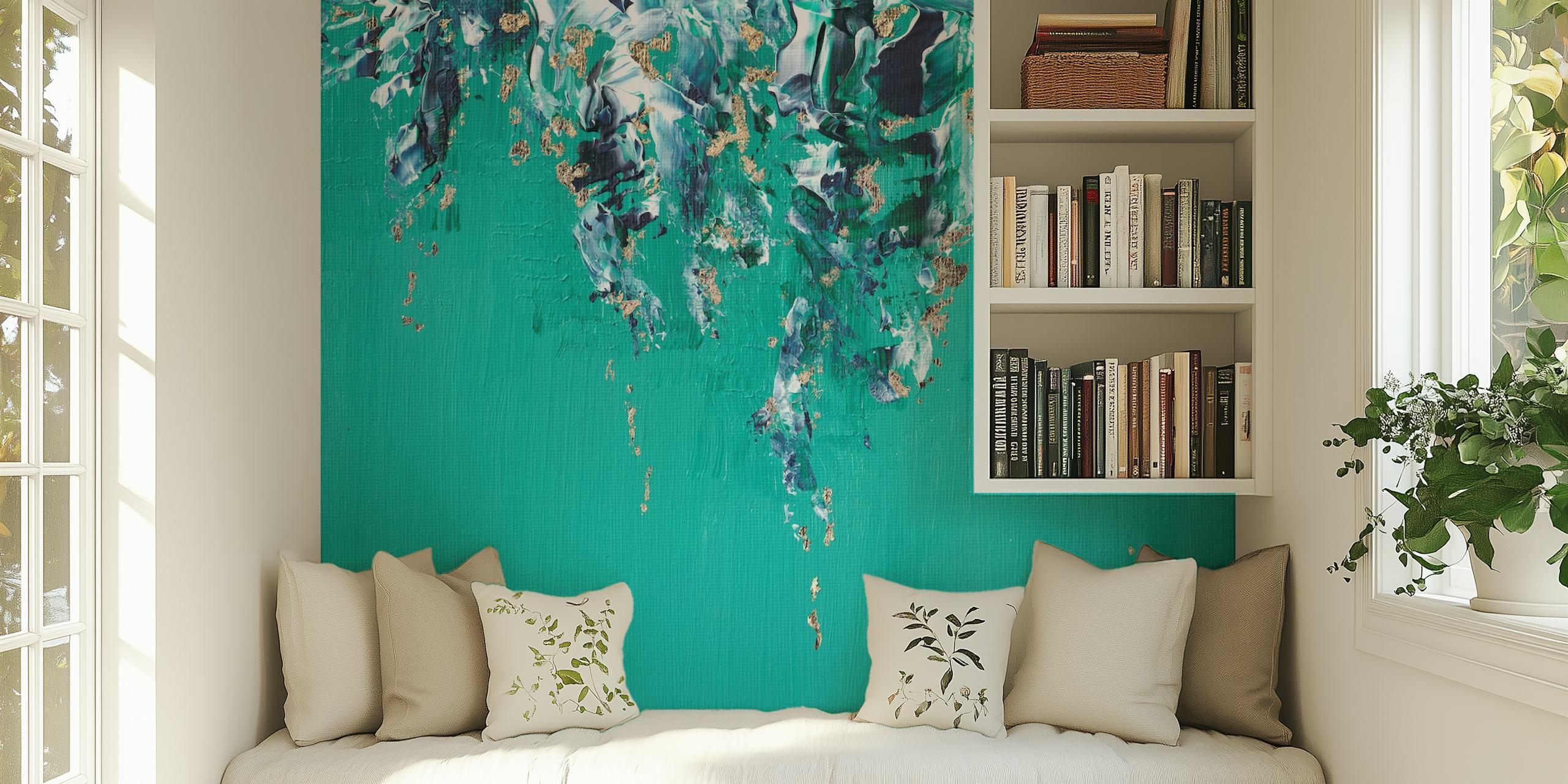 Floral design with green and gold accents wallpaper