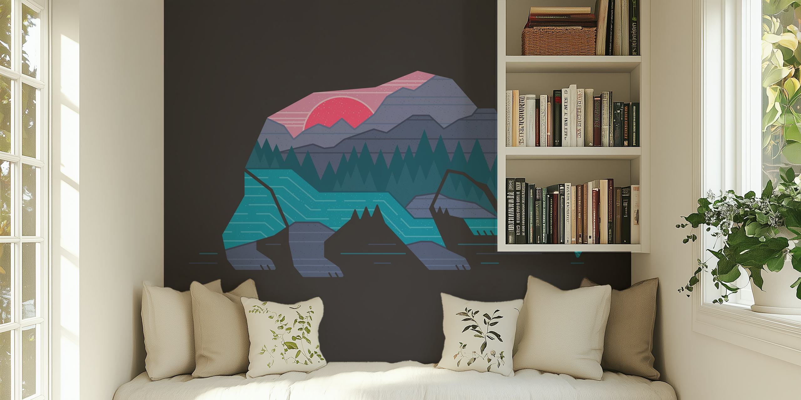 Colorful bear with mountains and rivers in blue, pink, and green wallpaper
