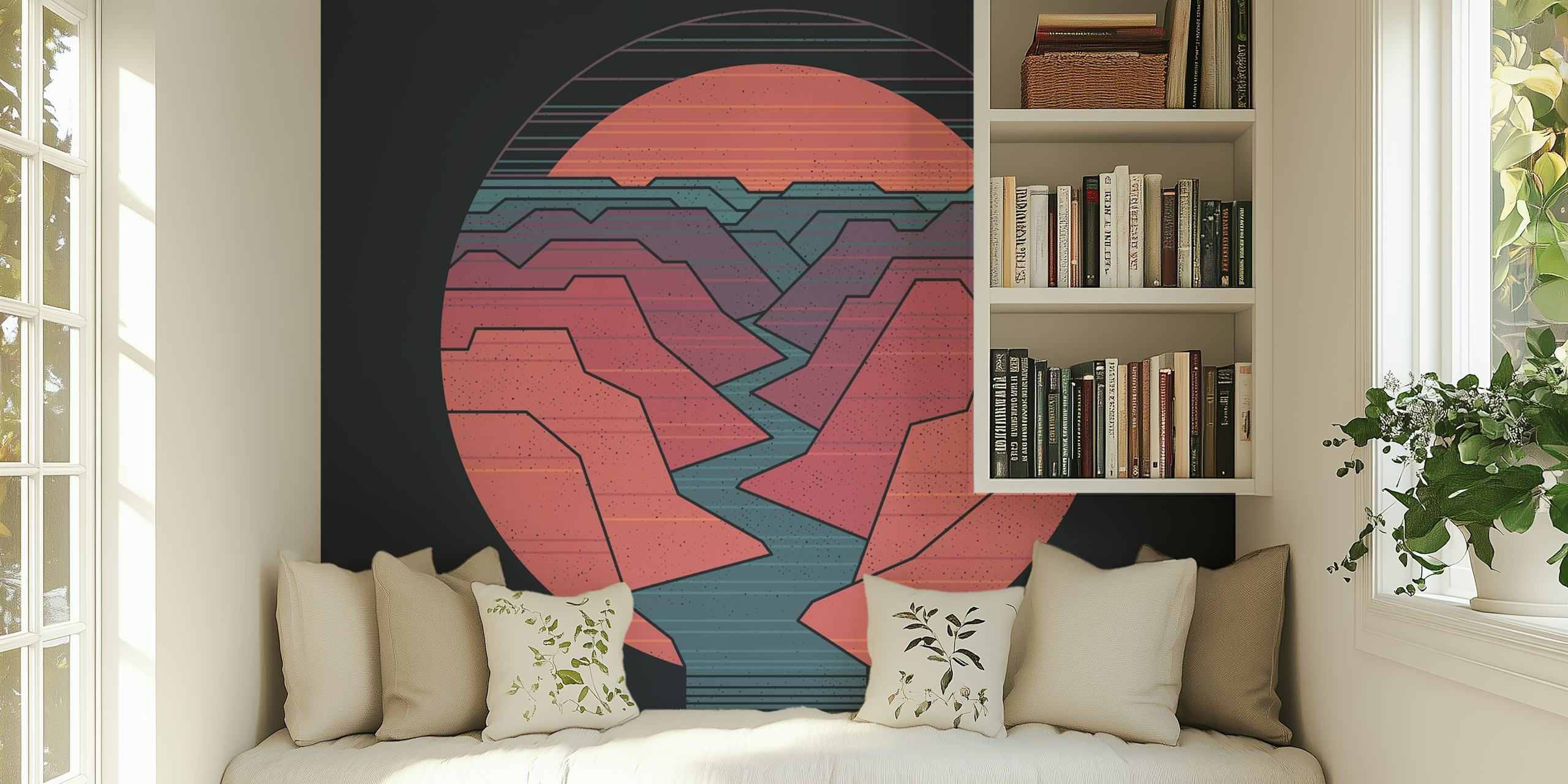Canyon River artwork featuring pastel layered mountains and a river wall mural