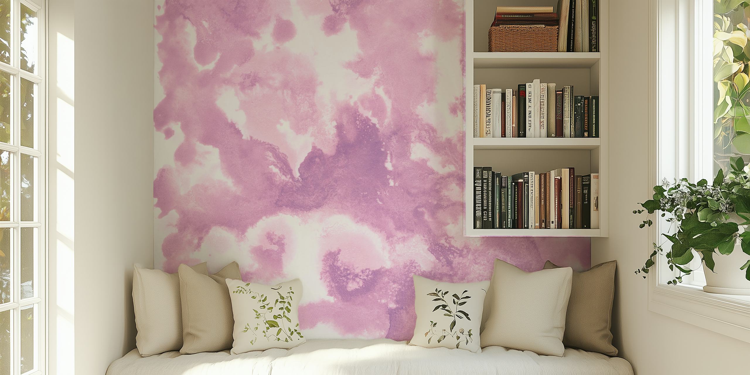 Blush pink abstract wallpaper featuring soft watercolor patterns.