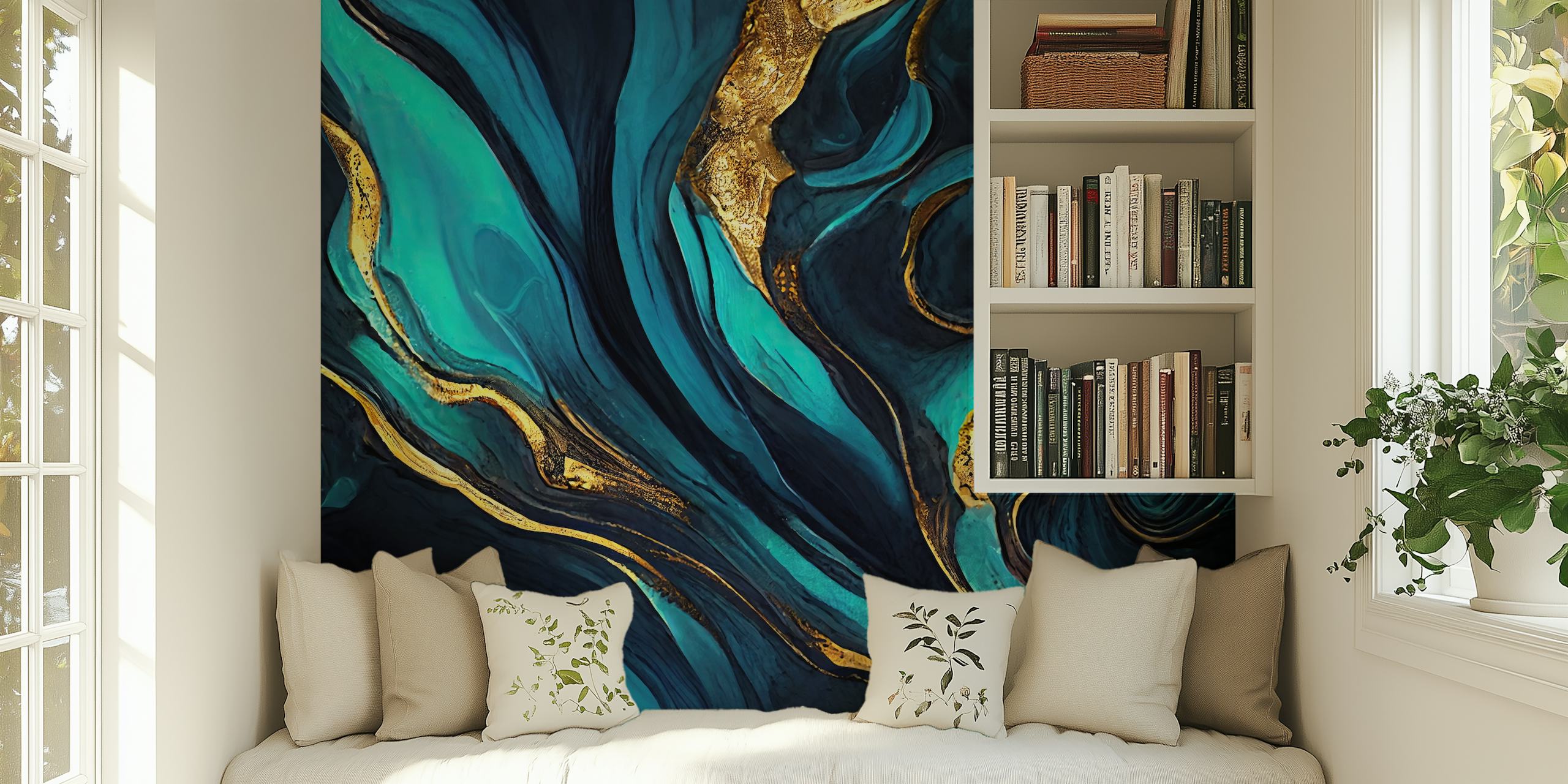 Teal and gold marble pattern wall mural