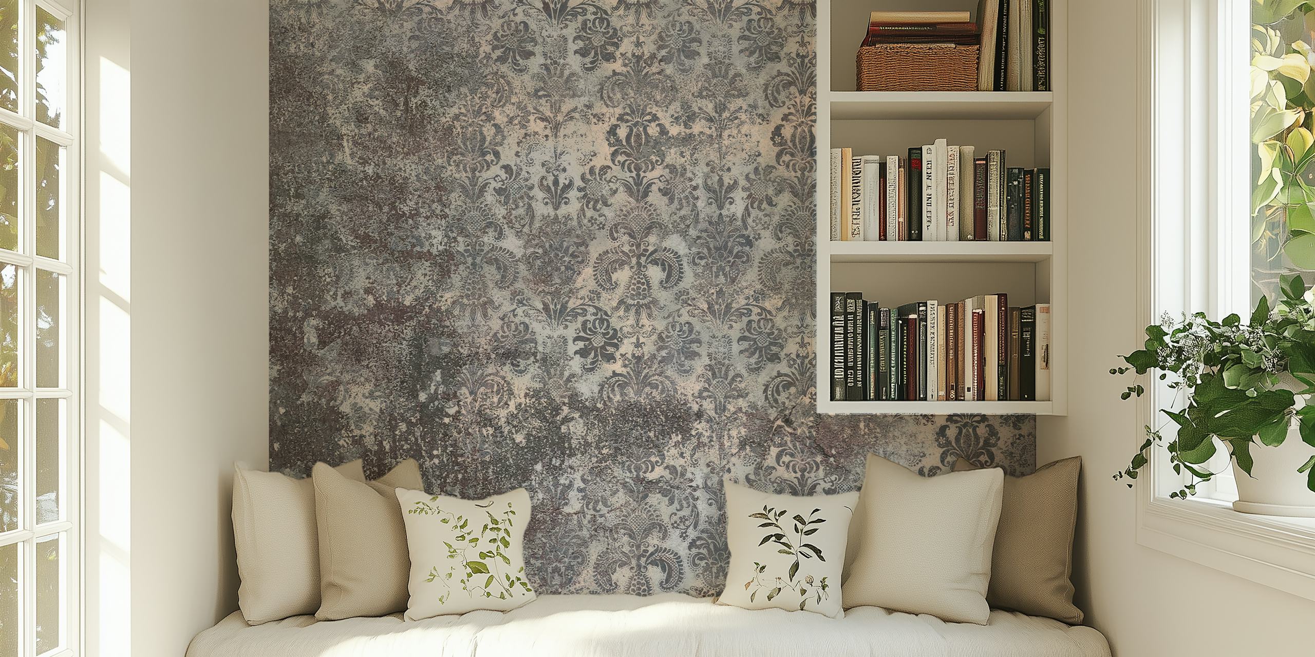 Mauve grunge damask wallpaper with aged texture and intricate pattern