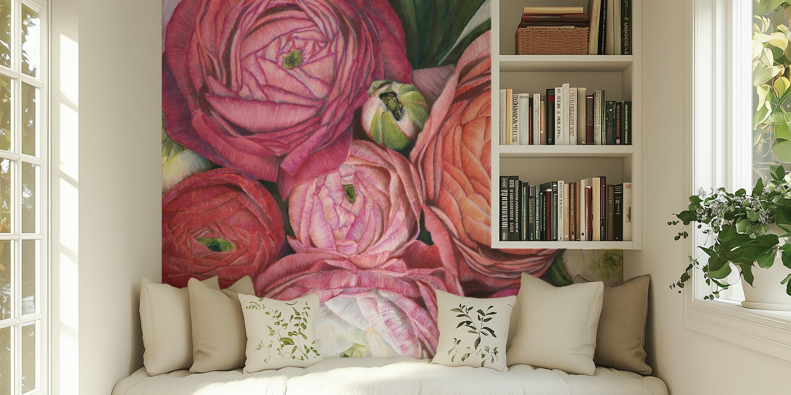 Arleth Warm Pink Bouquet tapet med blommande pioner i mjuka rosa nyanser