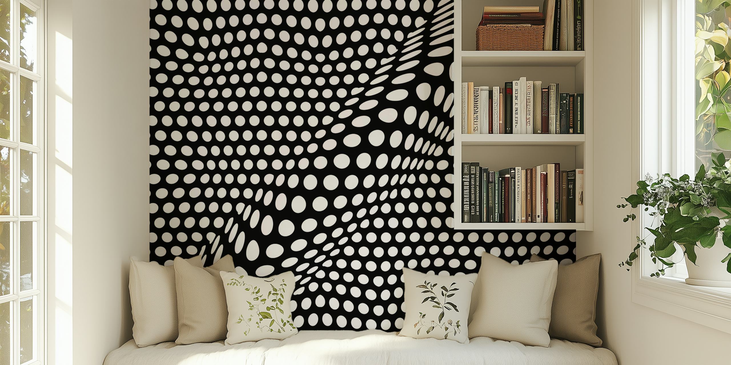 Mural de op-art em preto e branco com pontos criando uma ilusão de ótica