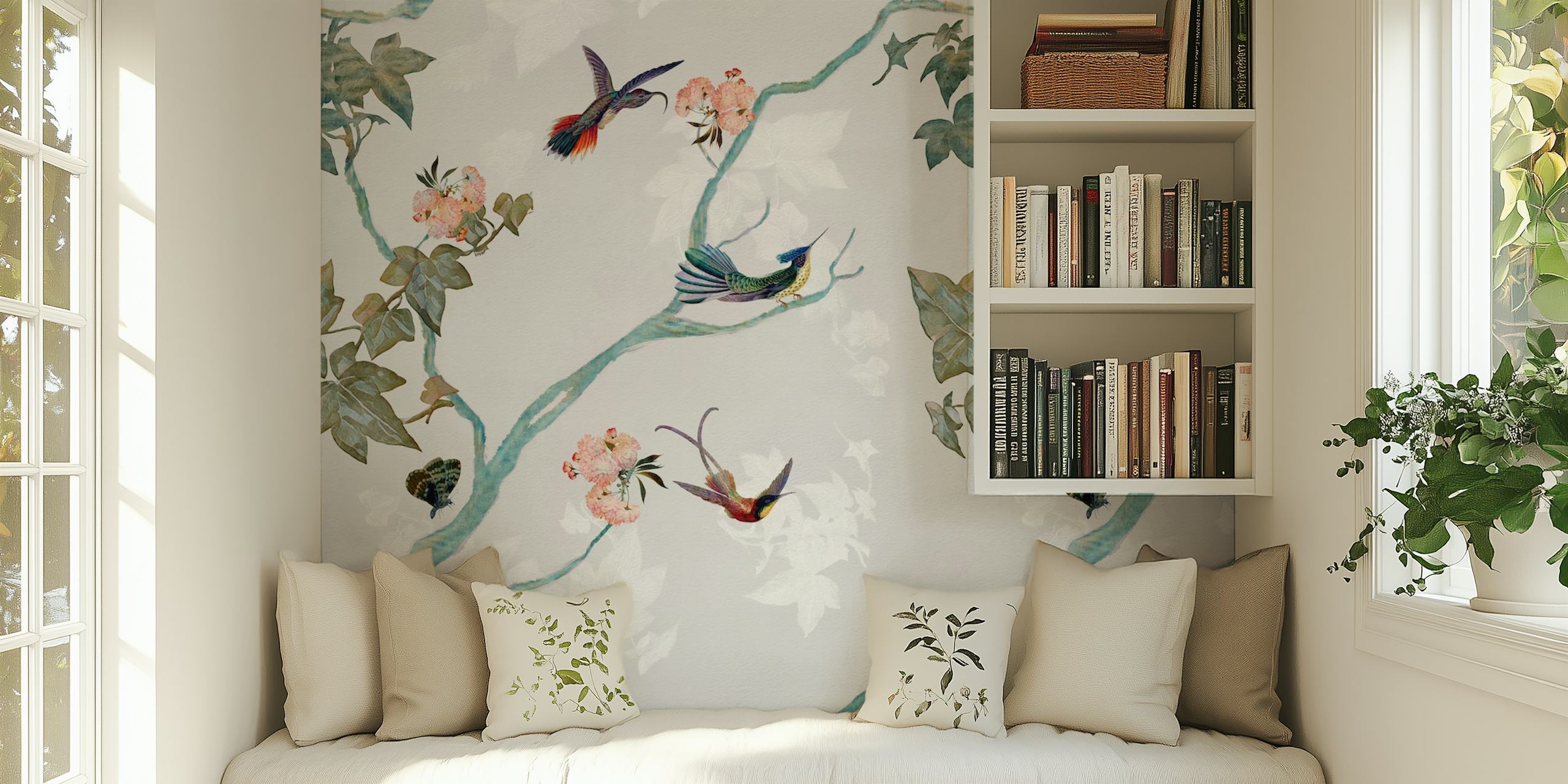 Chinoiserie wallpaper with floral patterns and colorful birds