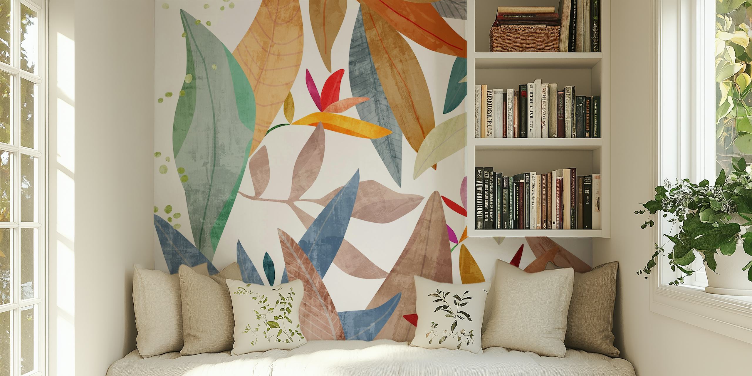 Colorful tropical leaves in various shapes and sizes wallpaper