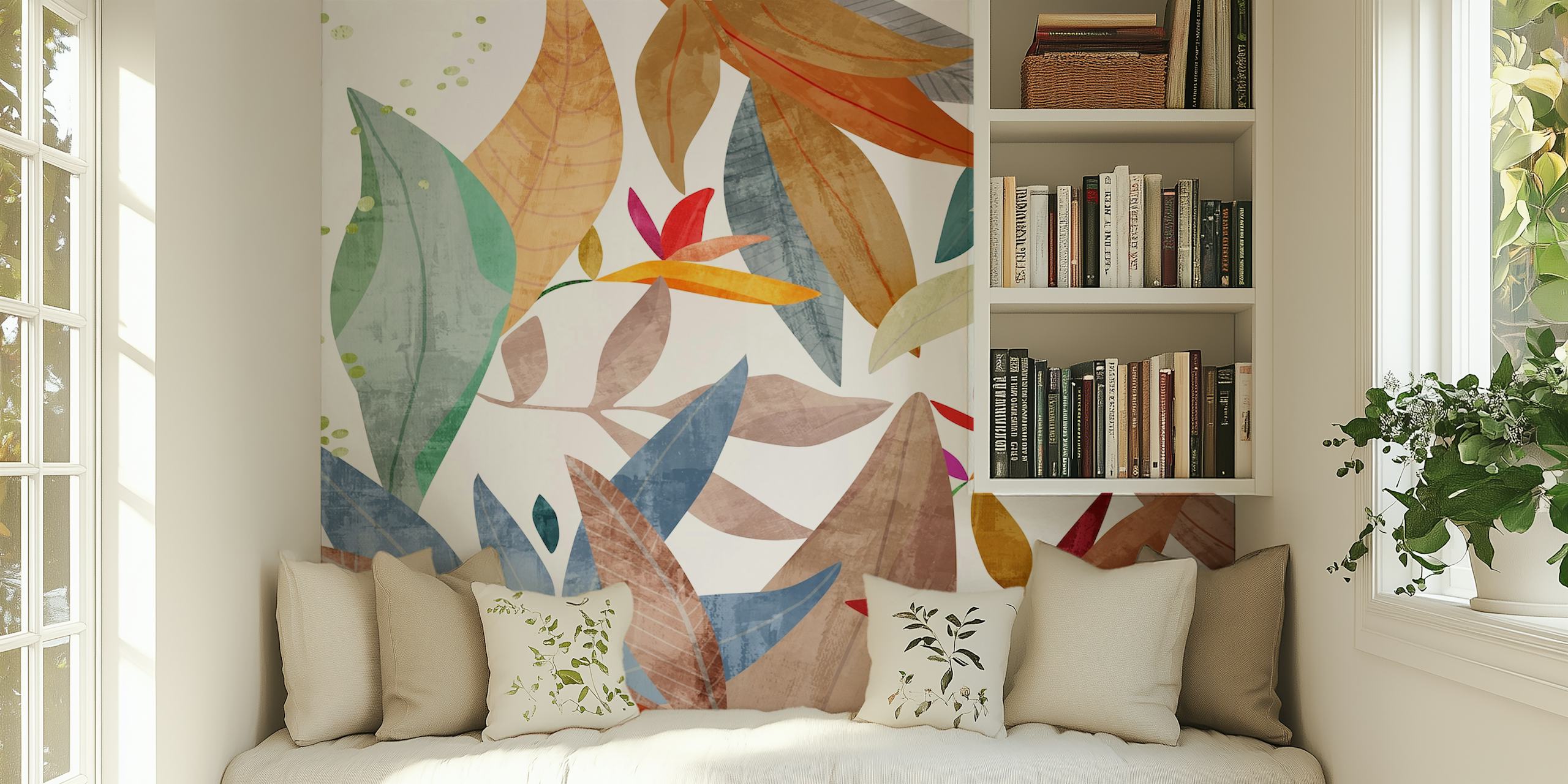 Tropical landscape wallpaper featuring colorful leaves