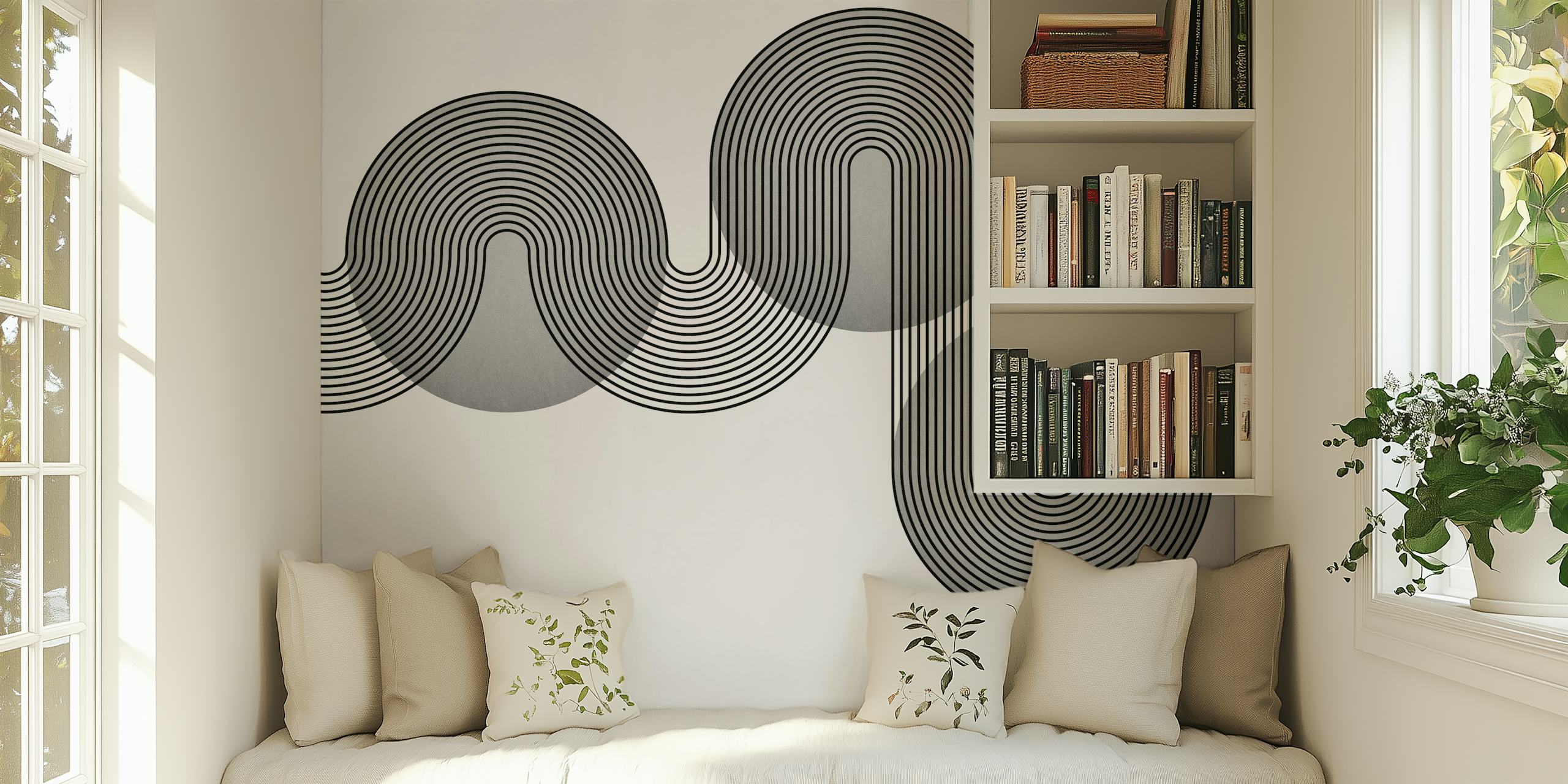 Schwarz-weiße geometrische Tapete mit geschwungenen Linien und Kreisen