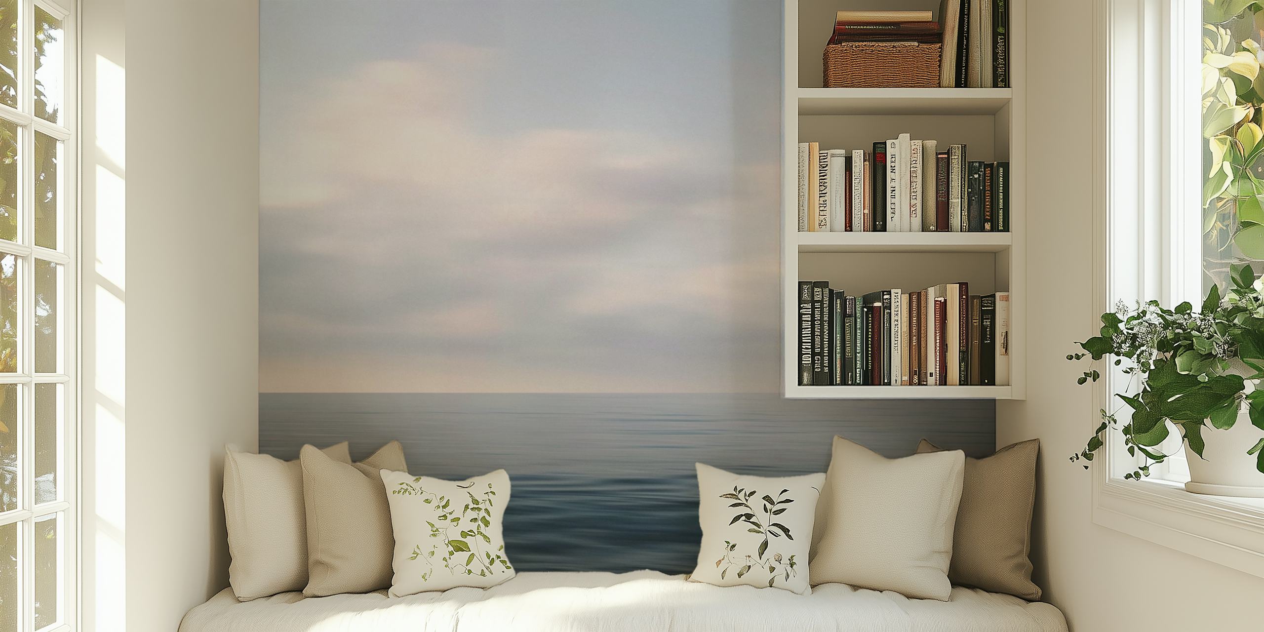 Ocean horizon with cloudy sky and calming blue tones wallpaper