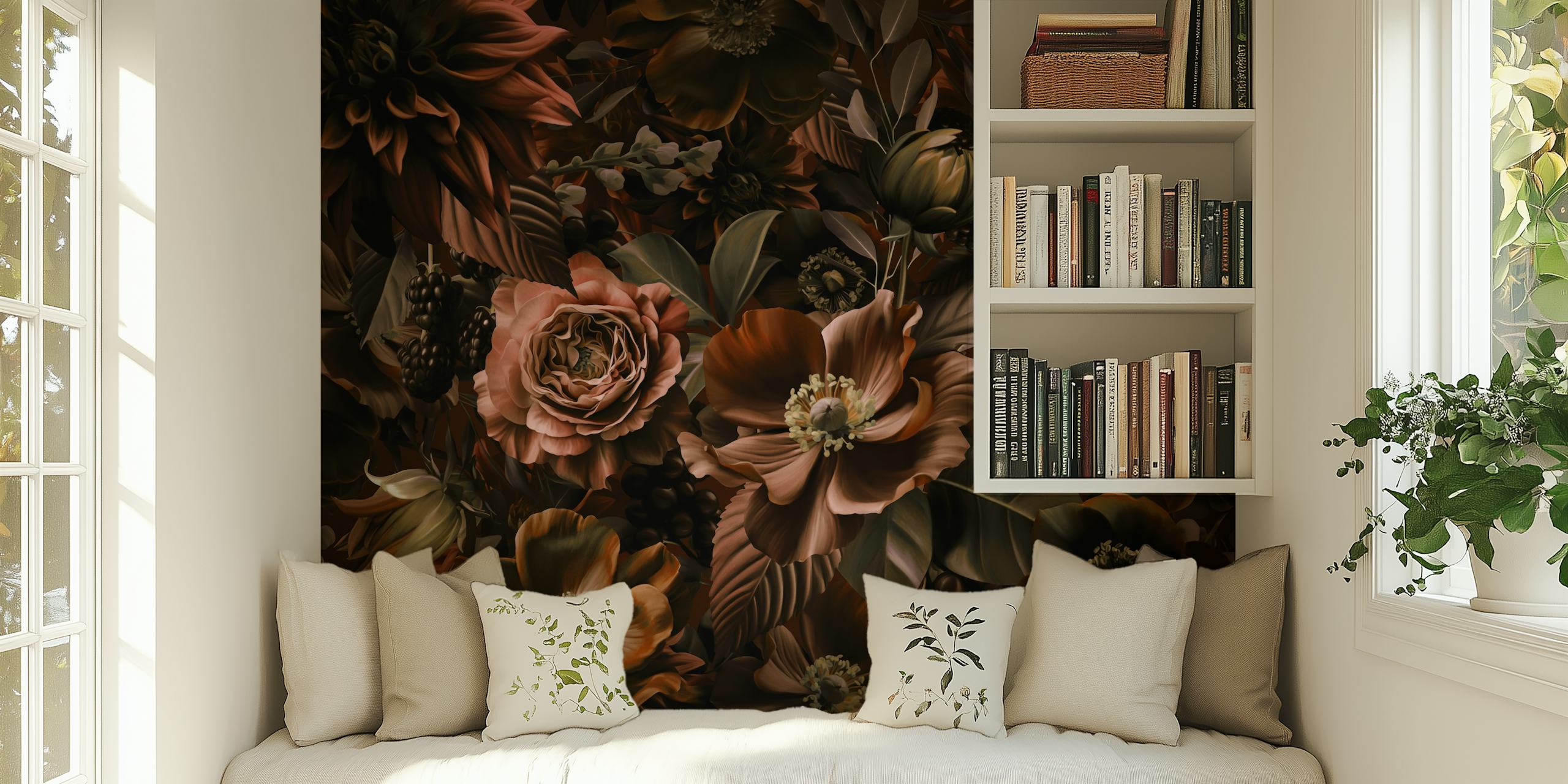 Dark floral pattern with roses and leaves in browns wallpaper