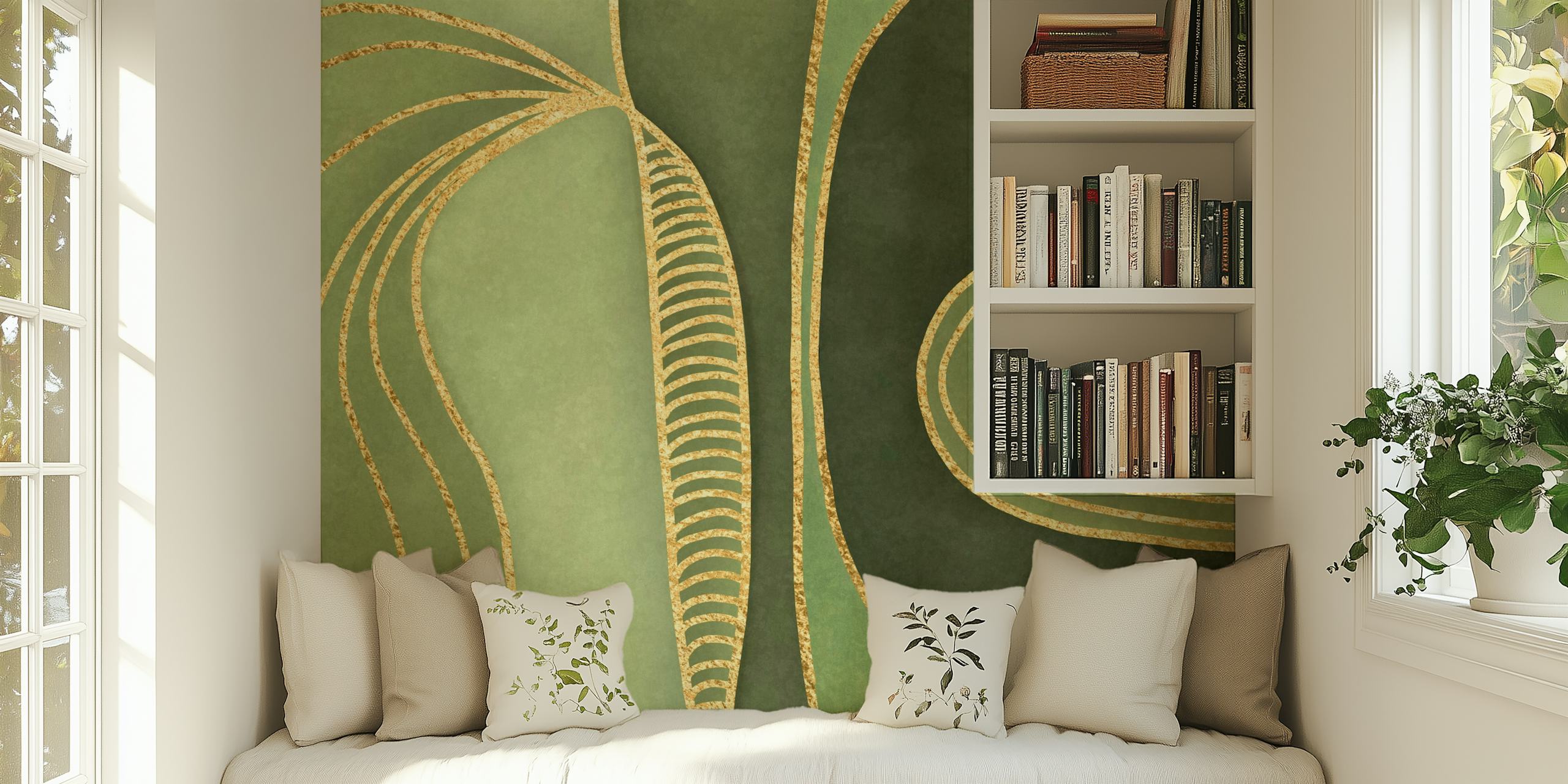 Fotomural de formas modernas de mediados de siglo en verde y dorado