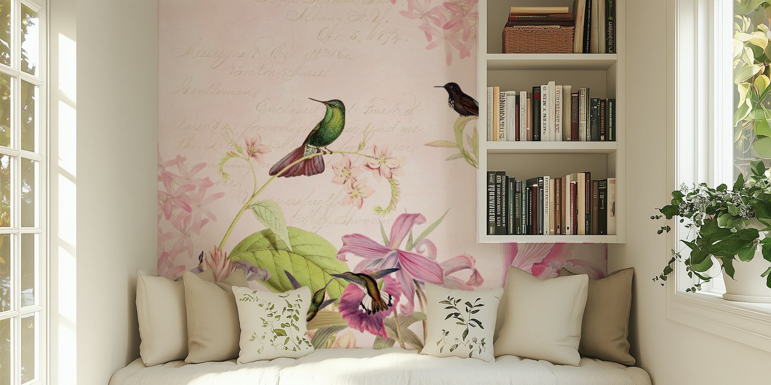 Hummingbirds and flowers in soft pink tones wallpaper