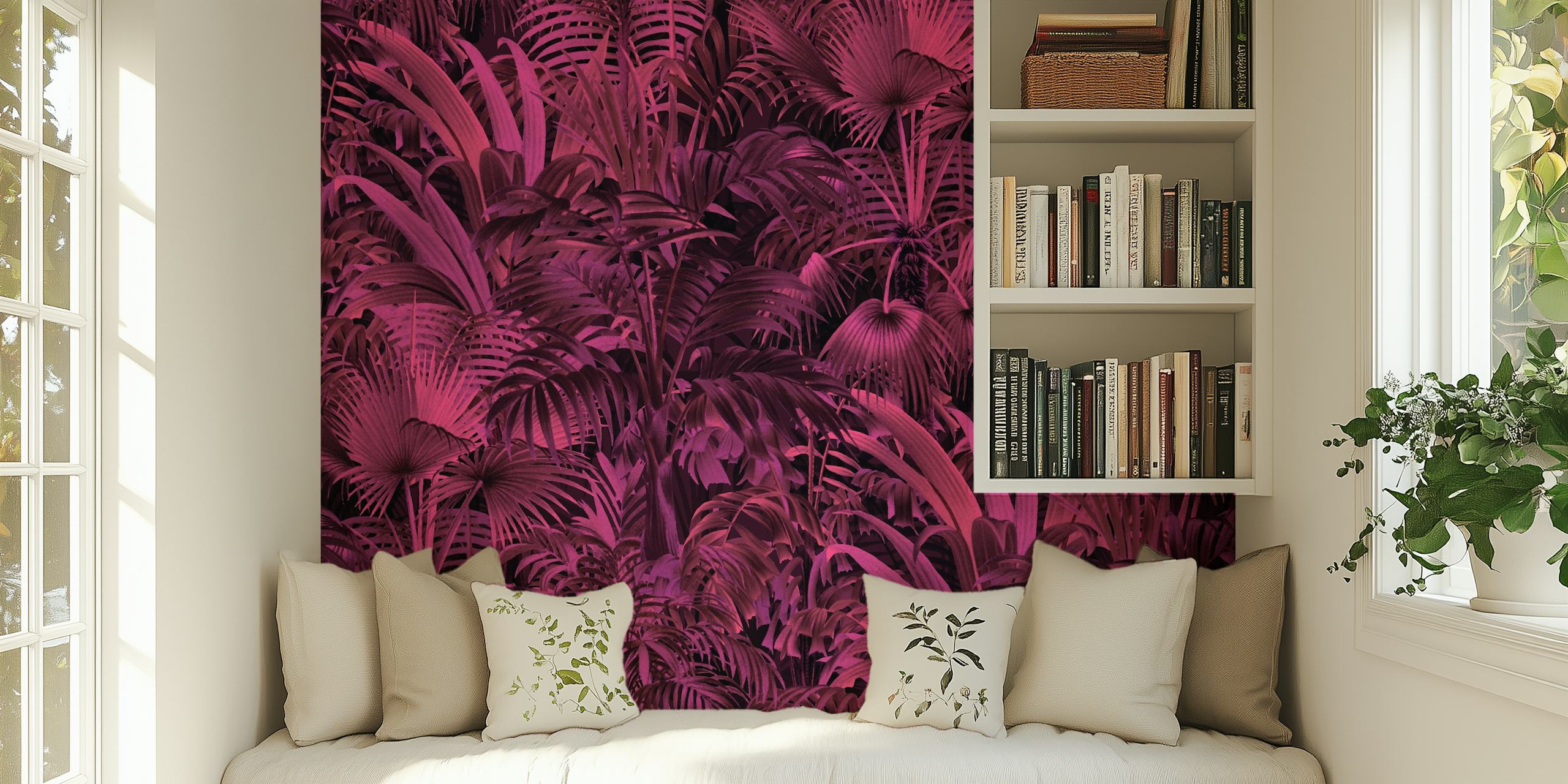 Burgundy and pink tropical rainforest wall mural with dense jungle foliage