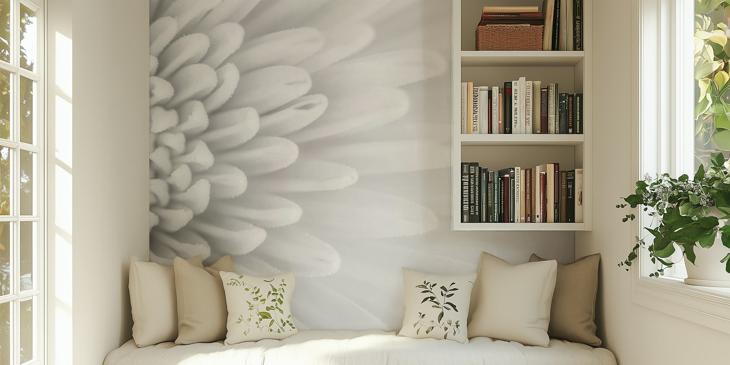 Close-up of textured black and white floral wallpaper