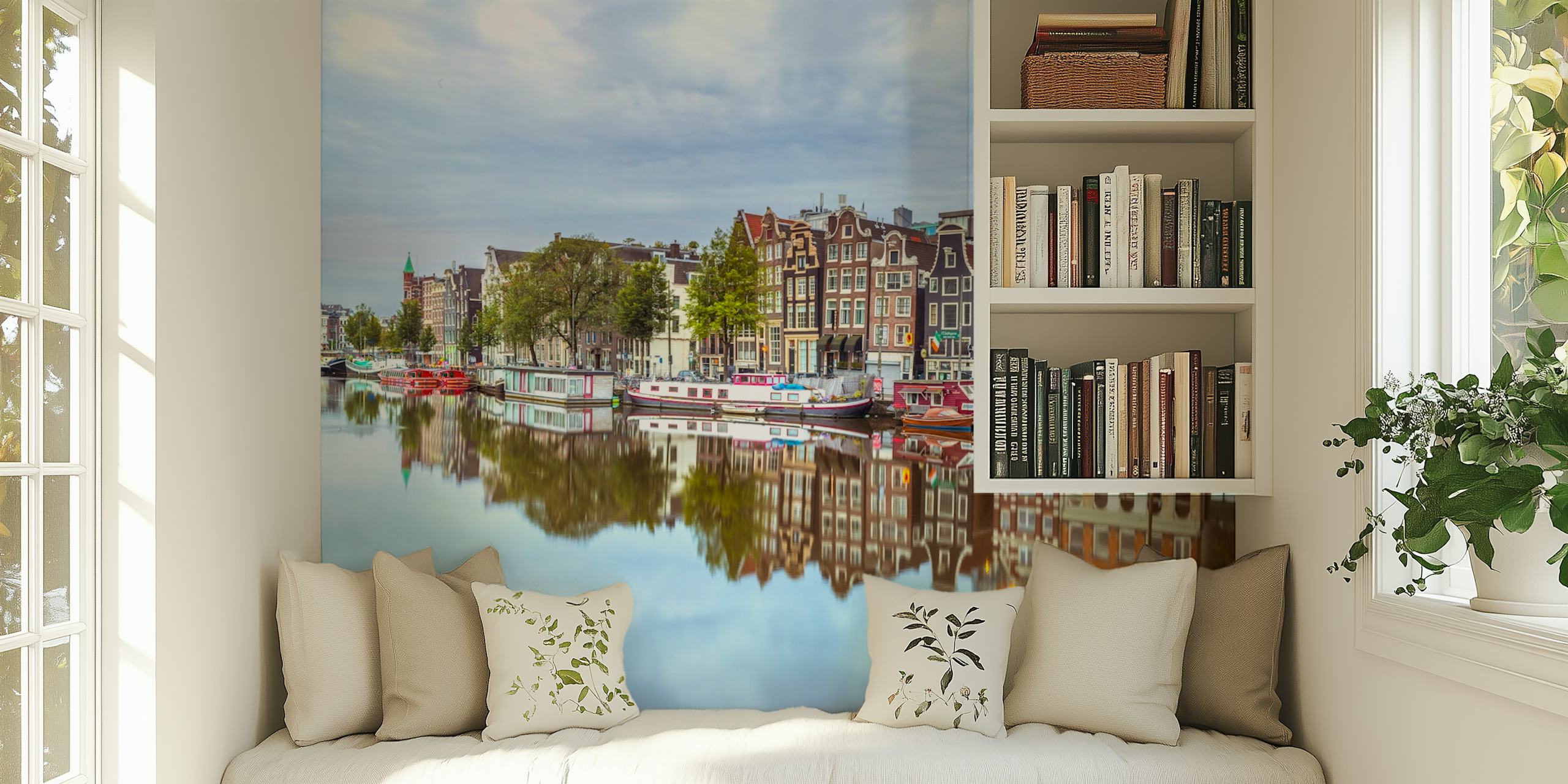 Amsterdam canal reflection wallpaper with colorful buildings and water