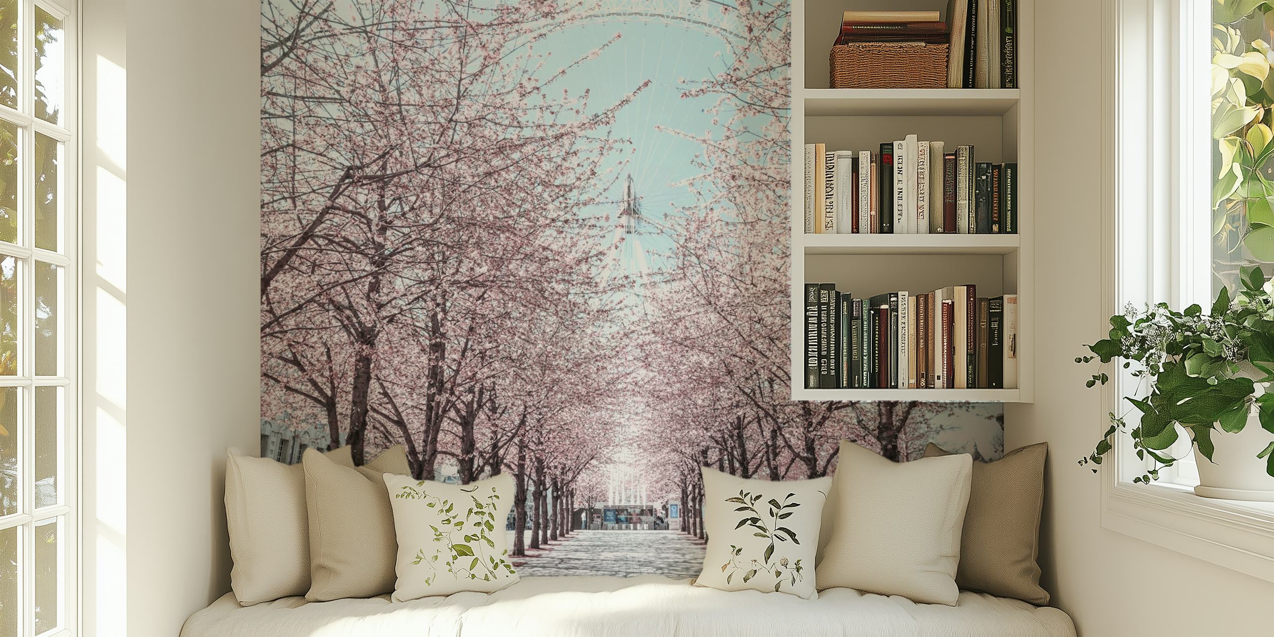 Wall mural of the Millennium Wheel with blossoming trees