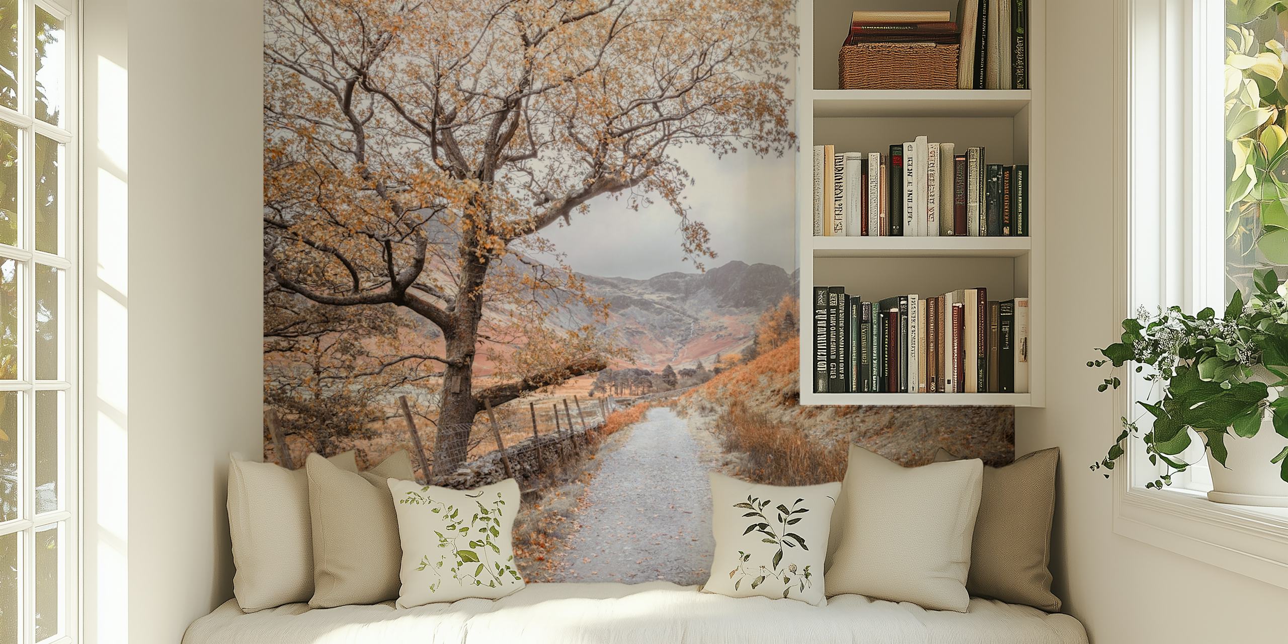 Scenic landscape wallpaper with trees and pathway in muted earth tones