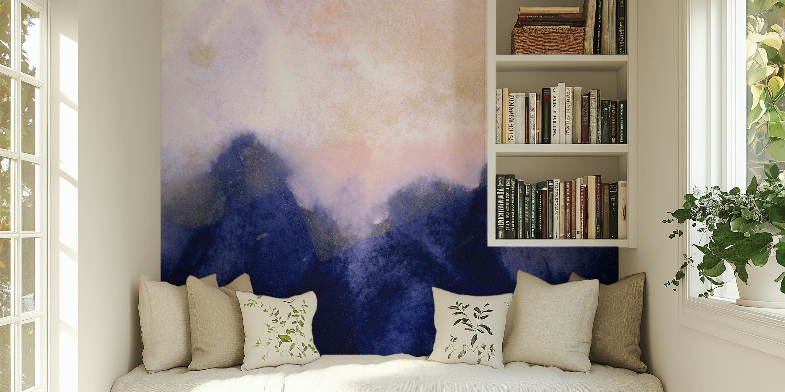 Watercolor mountain design in blue and beige hues wallpaper