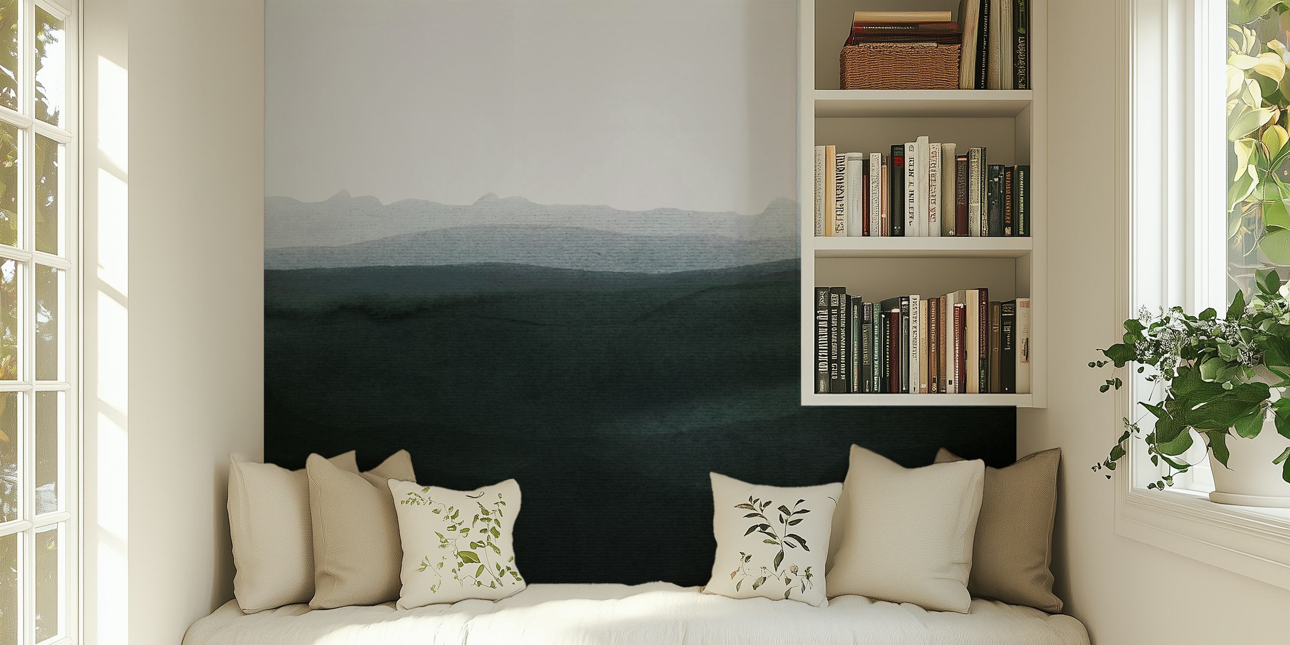 Mountain horizon landscape in green and grey shades wallpaper