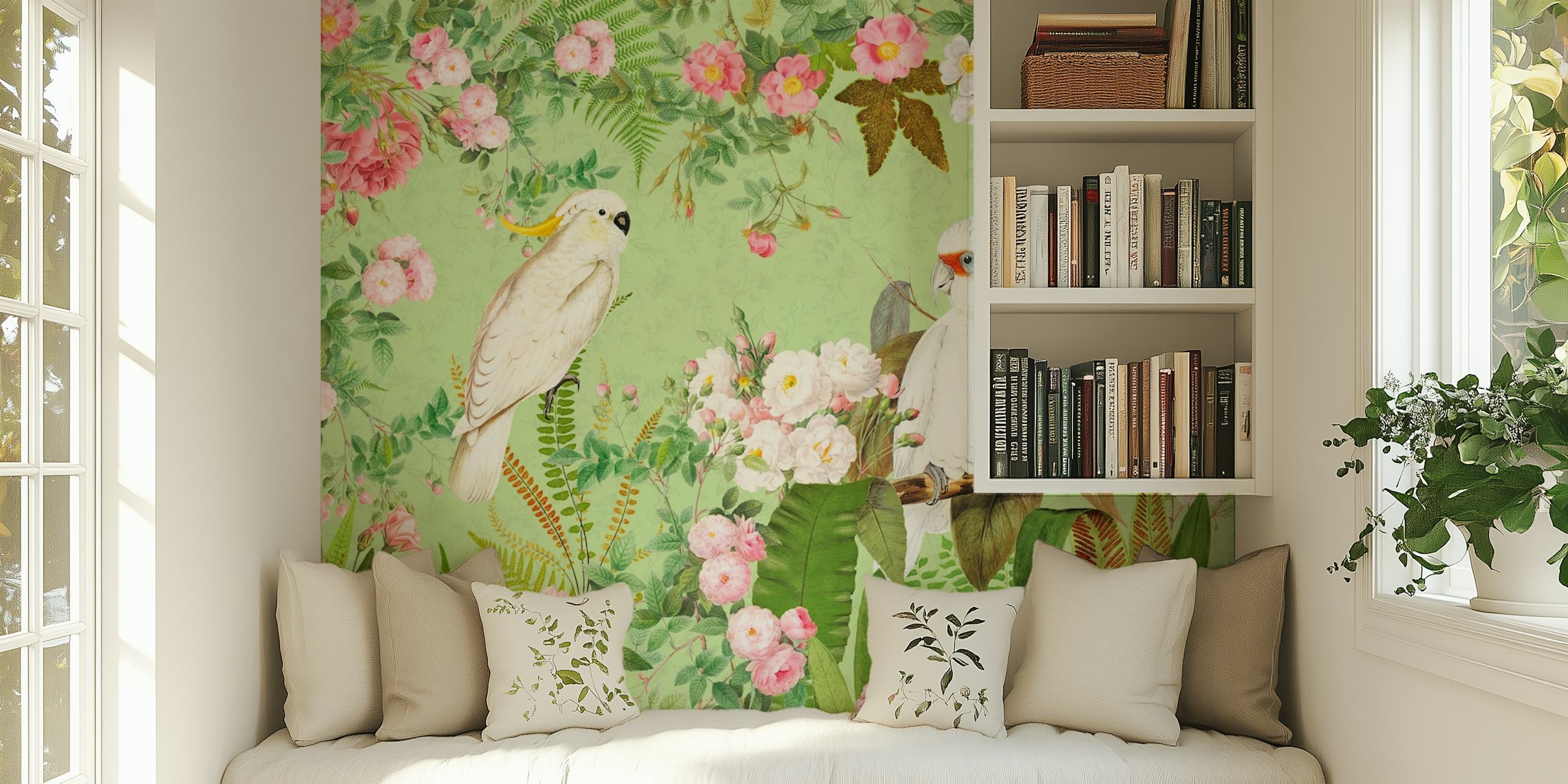 Tropical botanical wallpaper featuring cockatoos and pink roses on green background