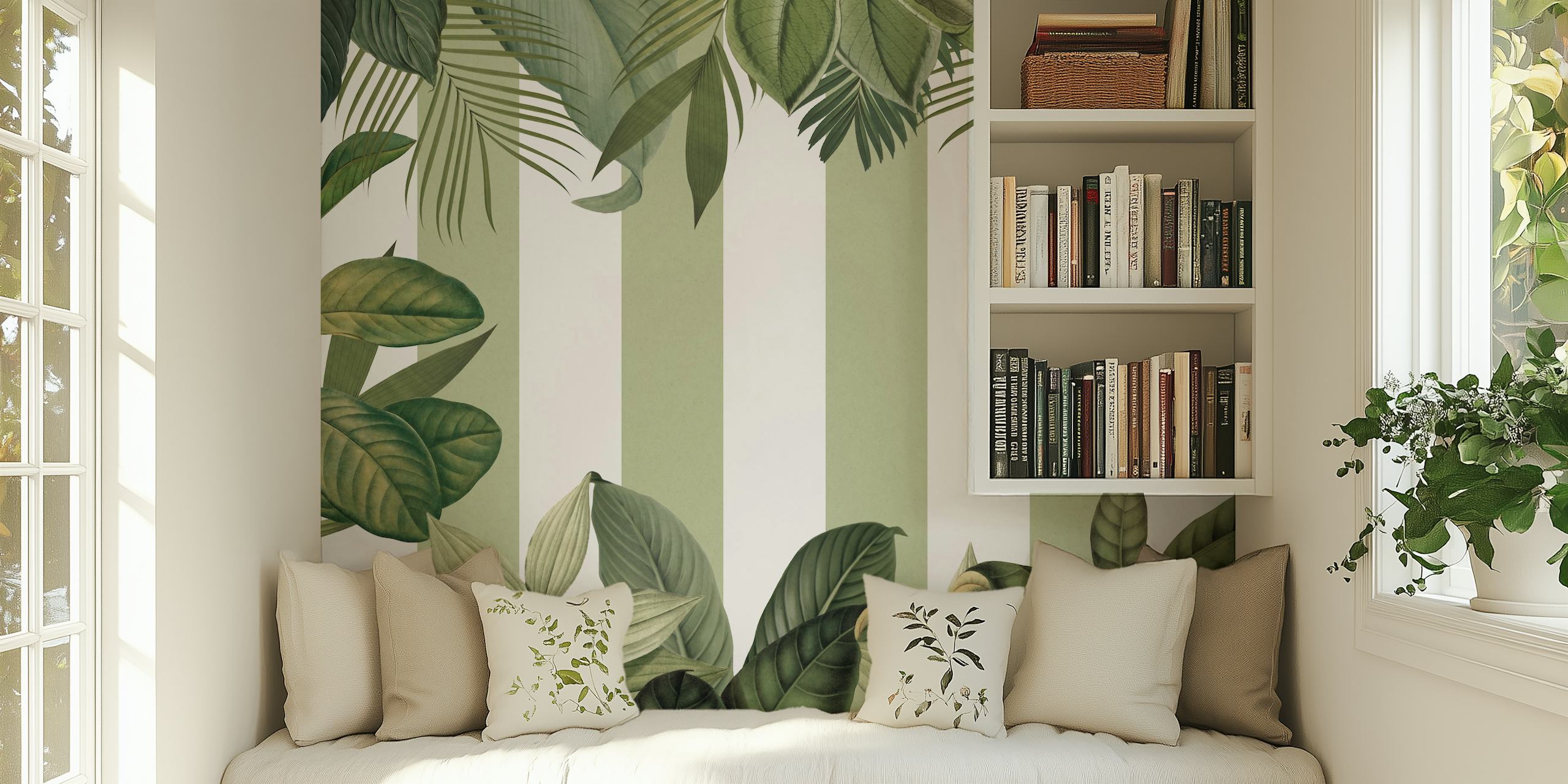 Tropical leaves over vertical stripes for a wall mural