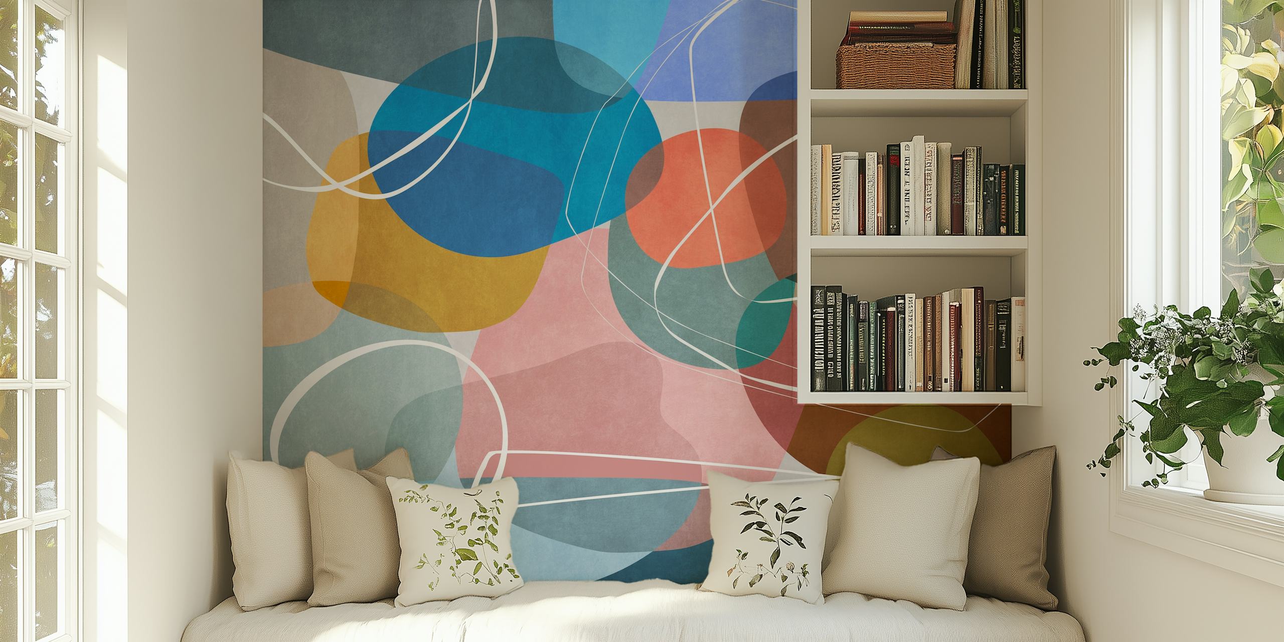 Colorful overlapping shapes in blue, orange, pink, and brown abstract wallpaper