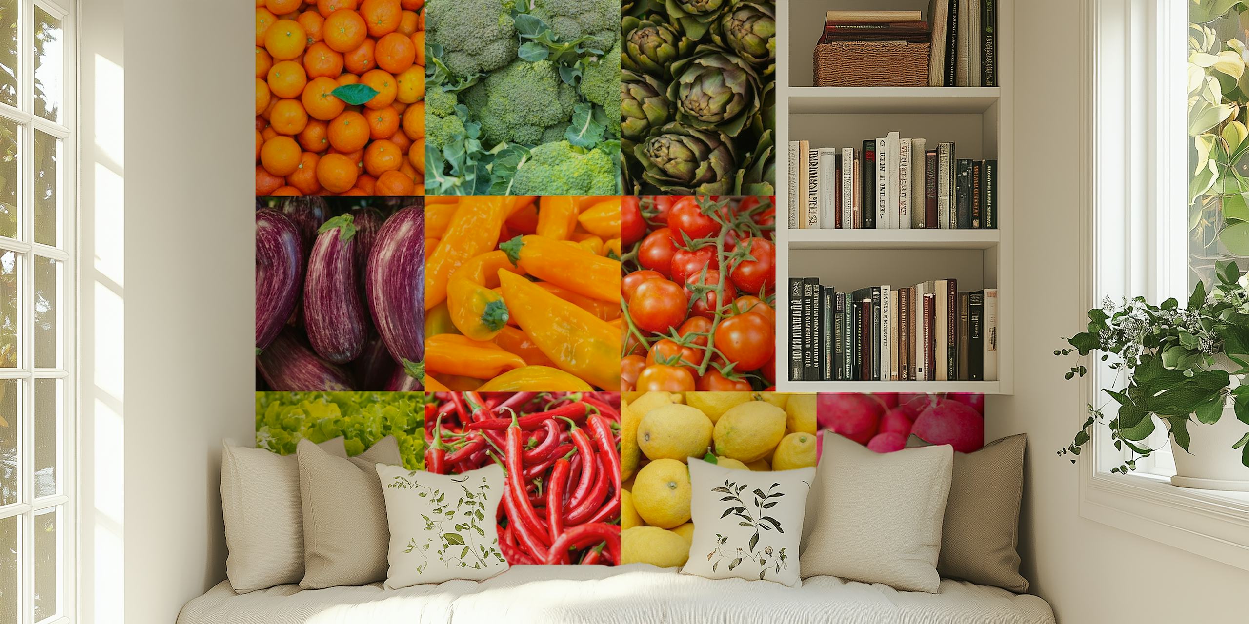Fruit and vegetable collage with bright colors green orange red yellow wallpaper