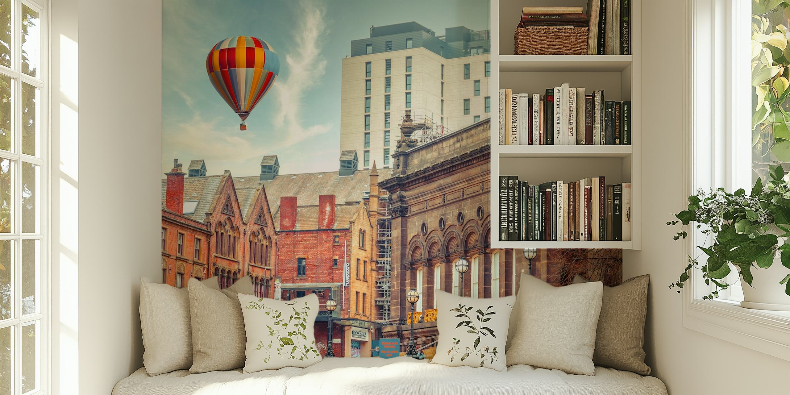 Hot air balloon over urban Leeds wallpaper