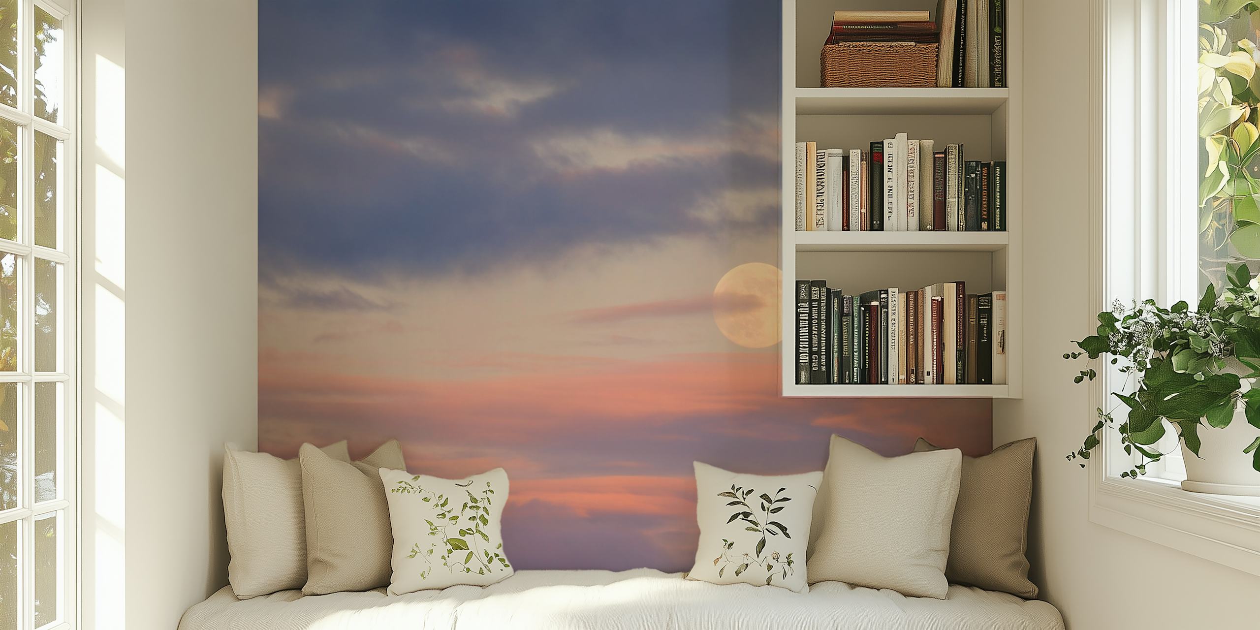 Pastel clouds and a glowing moon in a gradient sky wallpaper