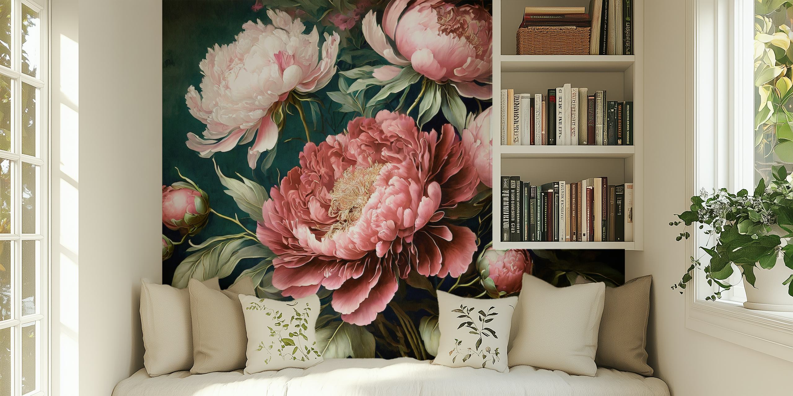 Pink peonies with green leaves on a dark background wallpaper