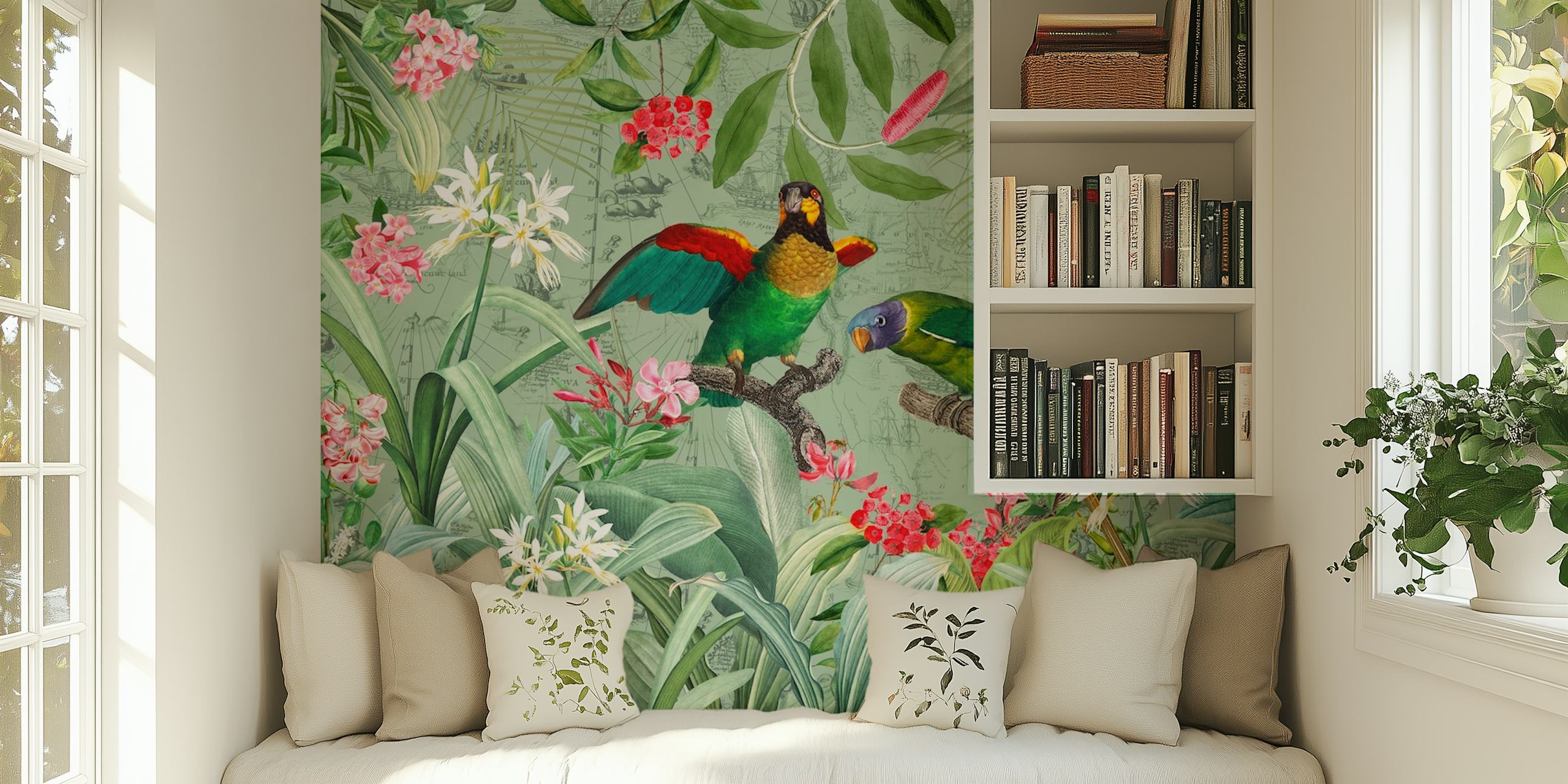 Colorful Parrots I en floral tropisk design