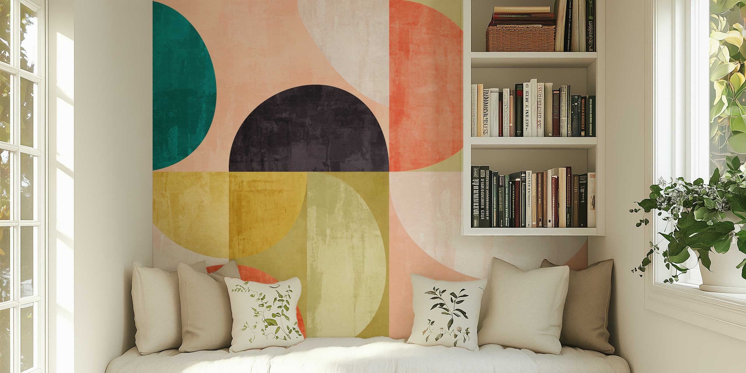 Abstract colorful wall mural with geometric shapes in teal, coral, mustard, and charcoal