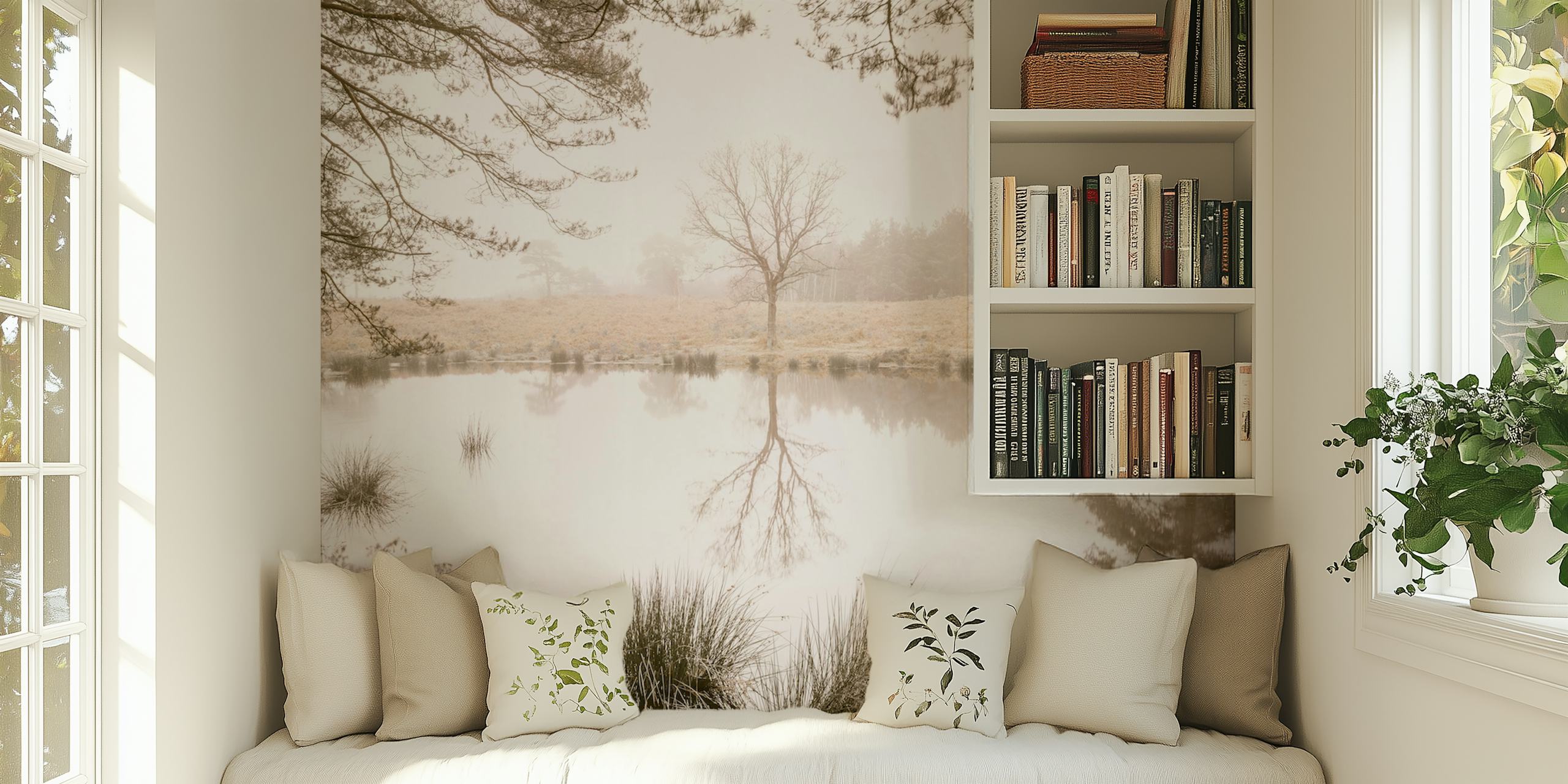 Tapetti, jossa on misty trees around a lake