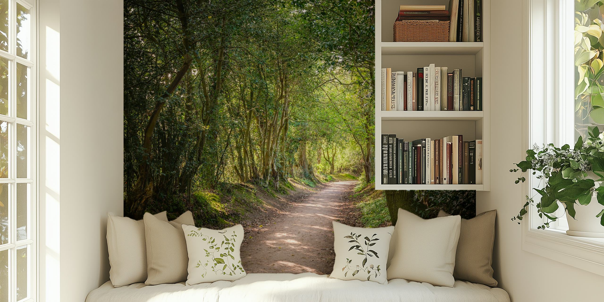 A serene forest pathway with green trees and sunlight wallpaper