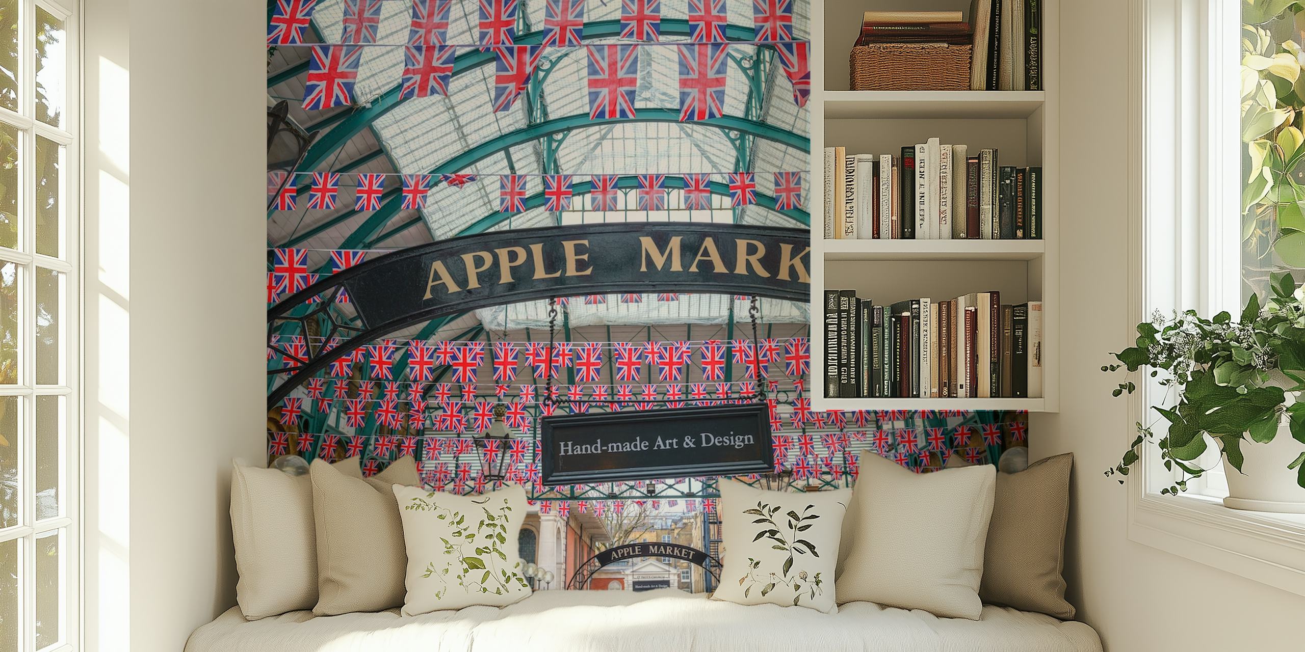Apple Market featuring British flags and vintage design wallpaper