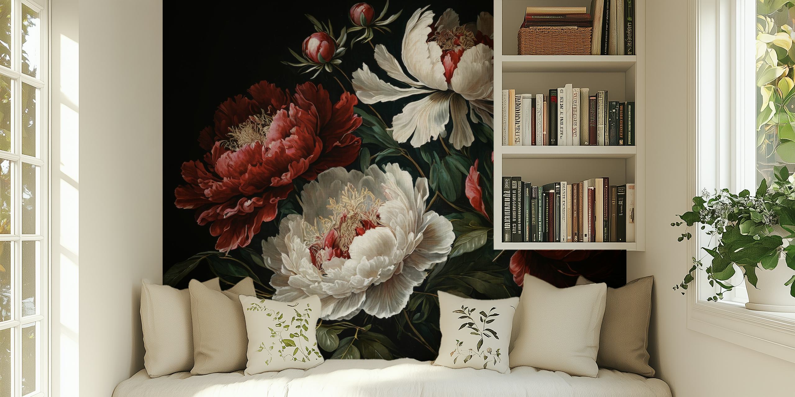 Red and white baroque peonies wallpaper design