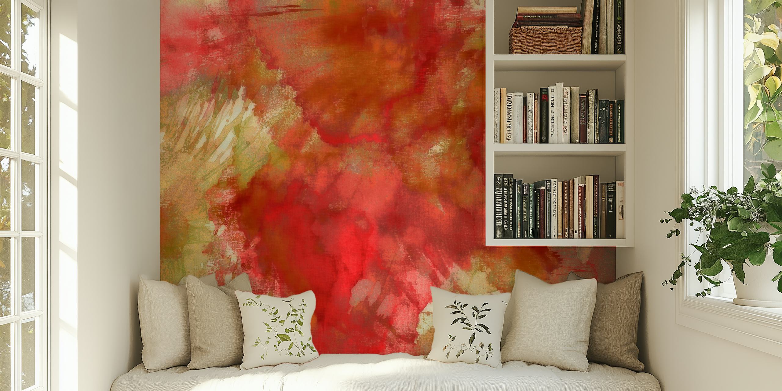 Vibrant abstract red and green floral wallpaper design.